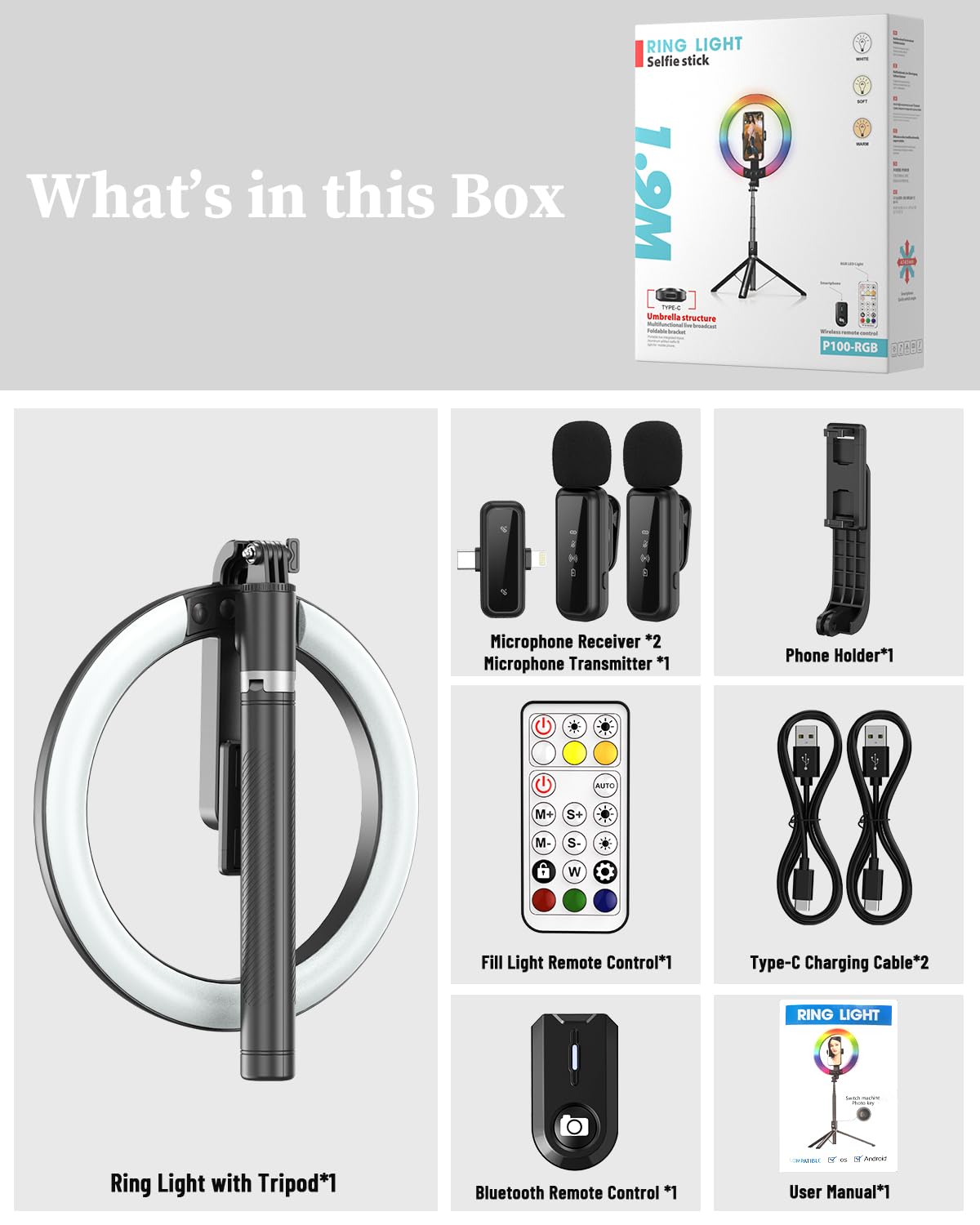 Vlogging Kit for iPhone/Android, 10” Ring Light with Stand, 74” Tripod for iPhone with Light, Microphone, YouTube Starter Kit for TikTok Content Creator
