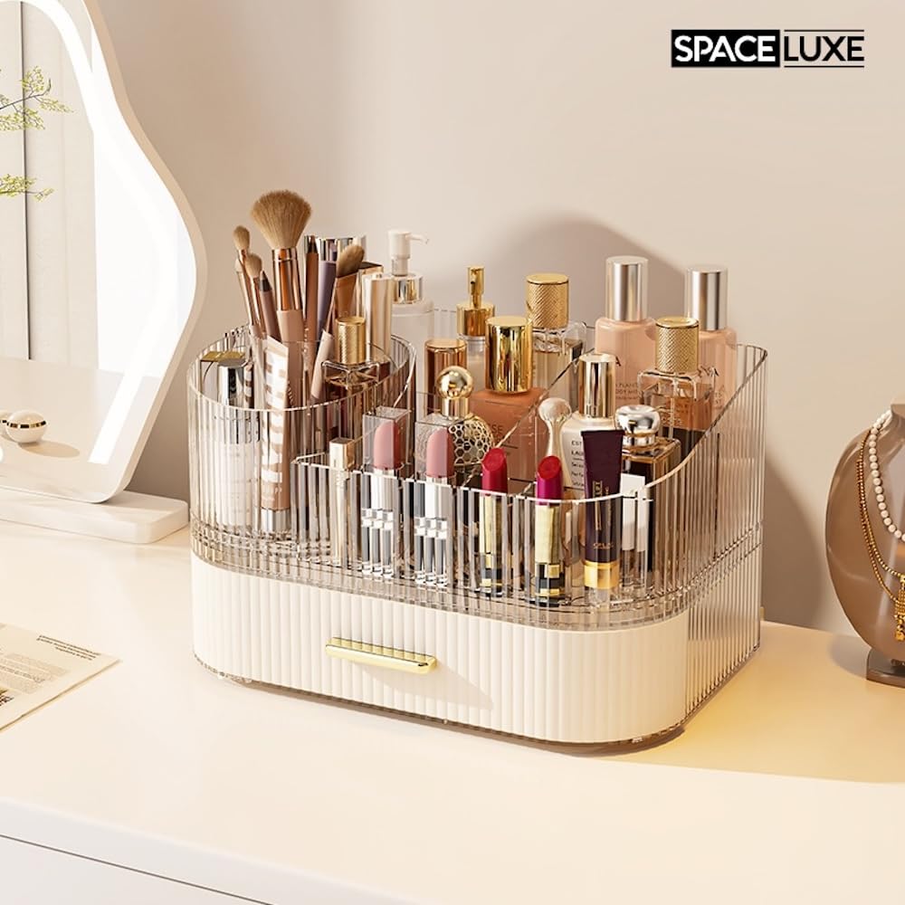 SpaceLuxe Makeup Organizer with Drawers and 360° Rotating Brush Holder, Large Capacity Cosmetic Storage for Vanity, Skincare, Perfume, Hair Accessories, Lipstick & Jewelry (Cream White, 2-layer)