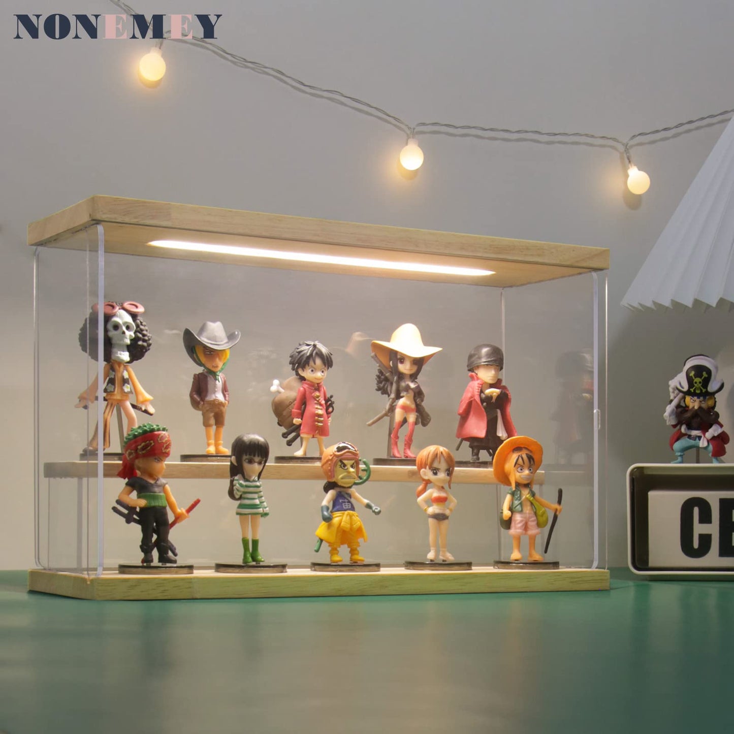 NONEMEY Acrylic Display Case with Light, Upgraded 3 Color Light & Adjustable Brightness Showcase , 2 Tier Dustproof Clear Toy Organizer Box for Action Figures, Collectibles, 12x4x7In