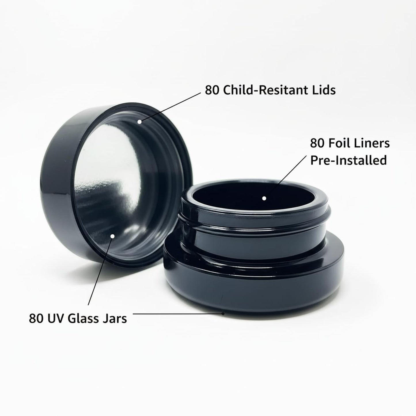 80pcs 7ml UV Resistant Glass Jar Set with Child-Resistant Black Lids - Round Bottom Cosmetic Jars for lip balm wax and creams