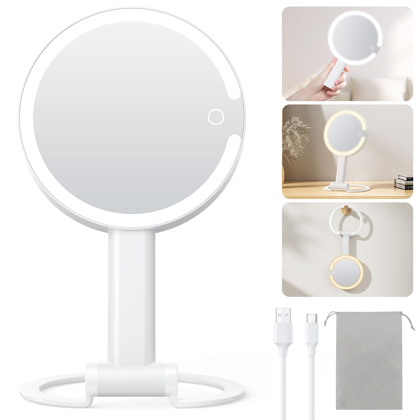 Gospire Magnifying Travel Makeup Mirror with Light 10X 1X Magnifition 2-Sided Lighted Vanity Mirror Rechargeable 3 in 1 Hand Held Desk Hanging, 3 Color Dimmable Lights, White