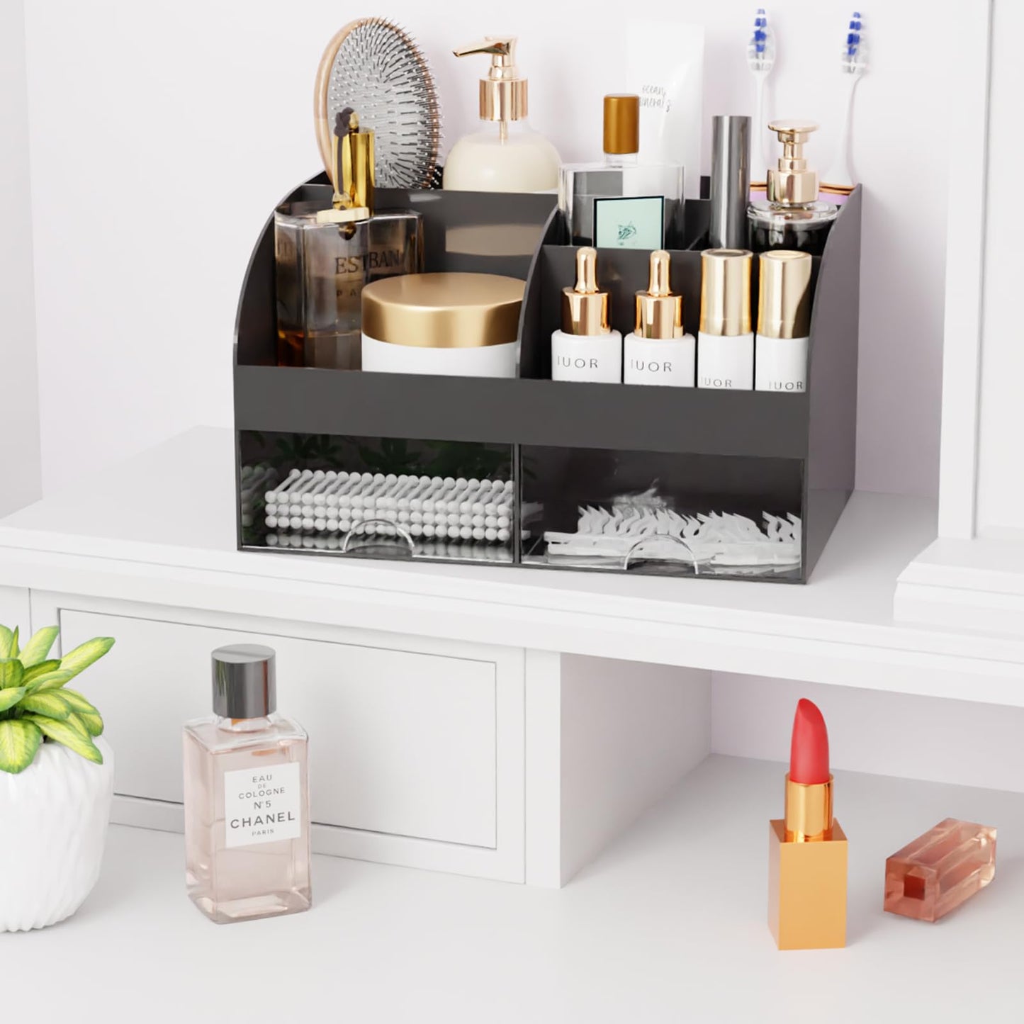 Makeup Organizer with Drawers, Cosmetic Storage for Dresser Vanity and Bathroom Countertop, Beauty Holder for Lipstick Brush, Skincare Organizer for Vanity, Cosmetic Display Case (Black)