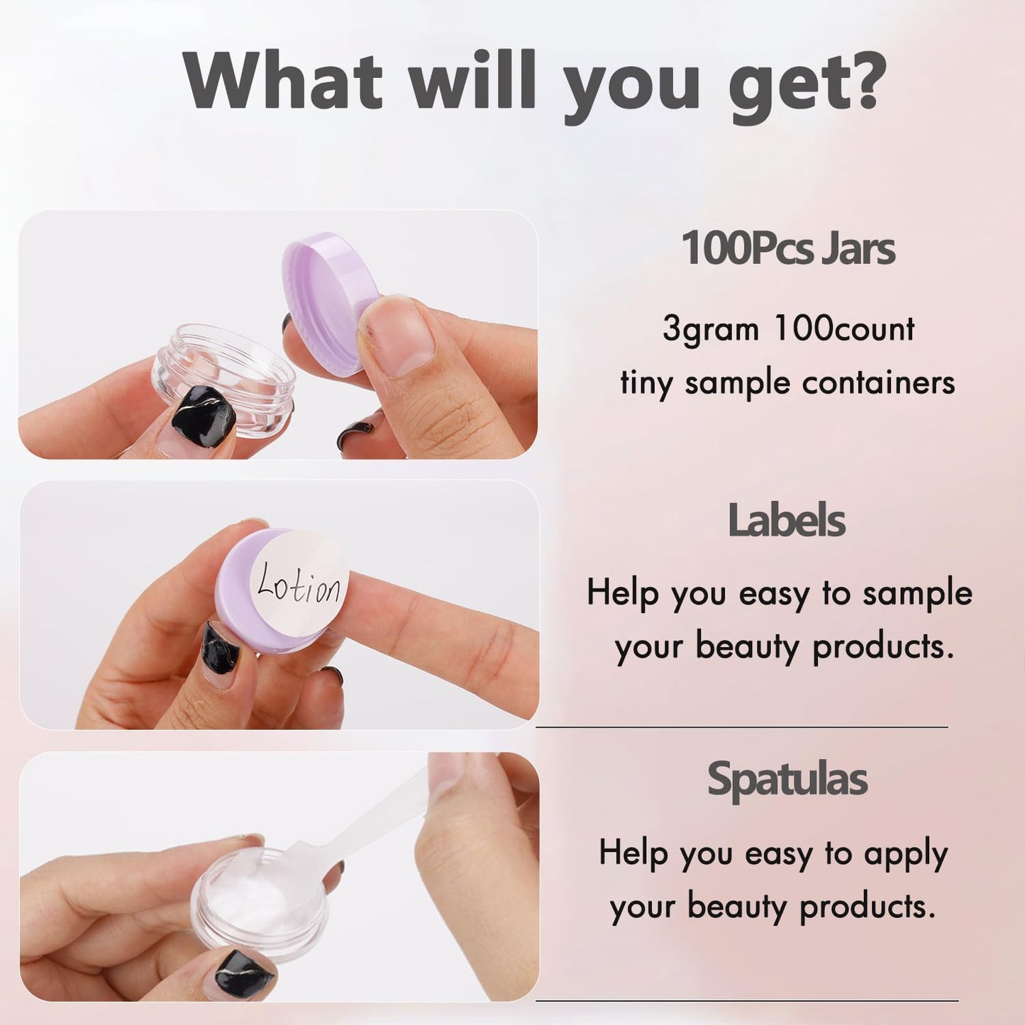 3 Gram Sample Containers with Lids, 100 Count Tiny Sample Jars, Empty Lip Balm Containers, Mini Cosmetic Container with Lids, Makeup Travel Container with Labels, Mini Disposable Spatulas