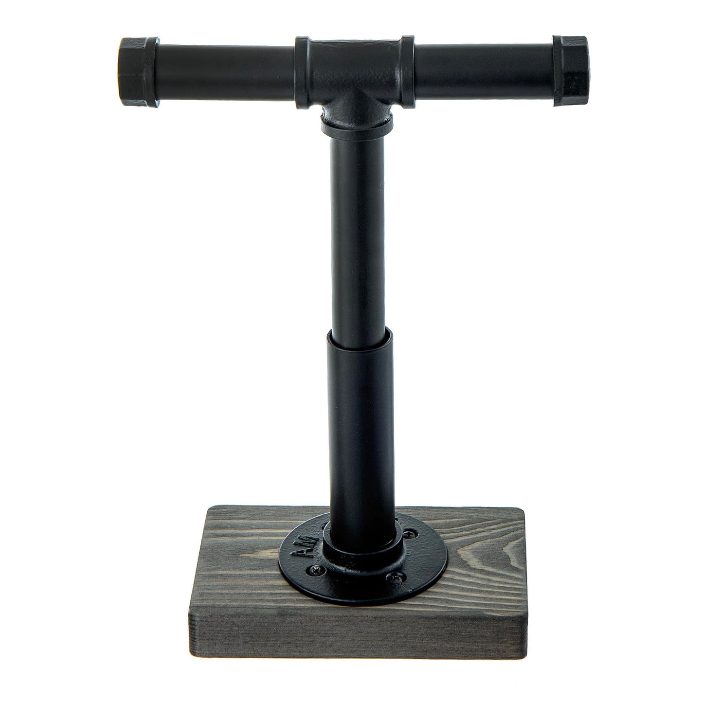 MyGift Adjustable Height Industrial Pipe Organizer Stand - Rustic T-Bar for Jewelry, Headphones, Medals, Kitchen Utensils & Display, Gray Wood Base (Black/Gray, Country Style)
