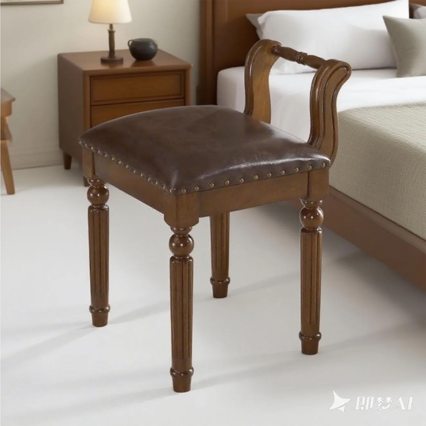 DEBJGO Leather Ottoman Vanity Stool,Brown Chair for Makeup Room,Upholstered Fabric Vanity Bench Seat for Bedroom Living Room Dining Room Makeup Chair Piano (Walnut, 23×17×15)