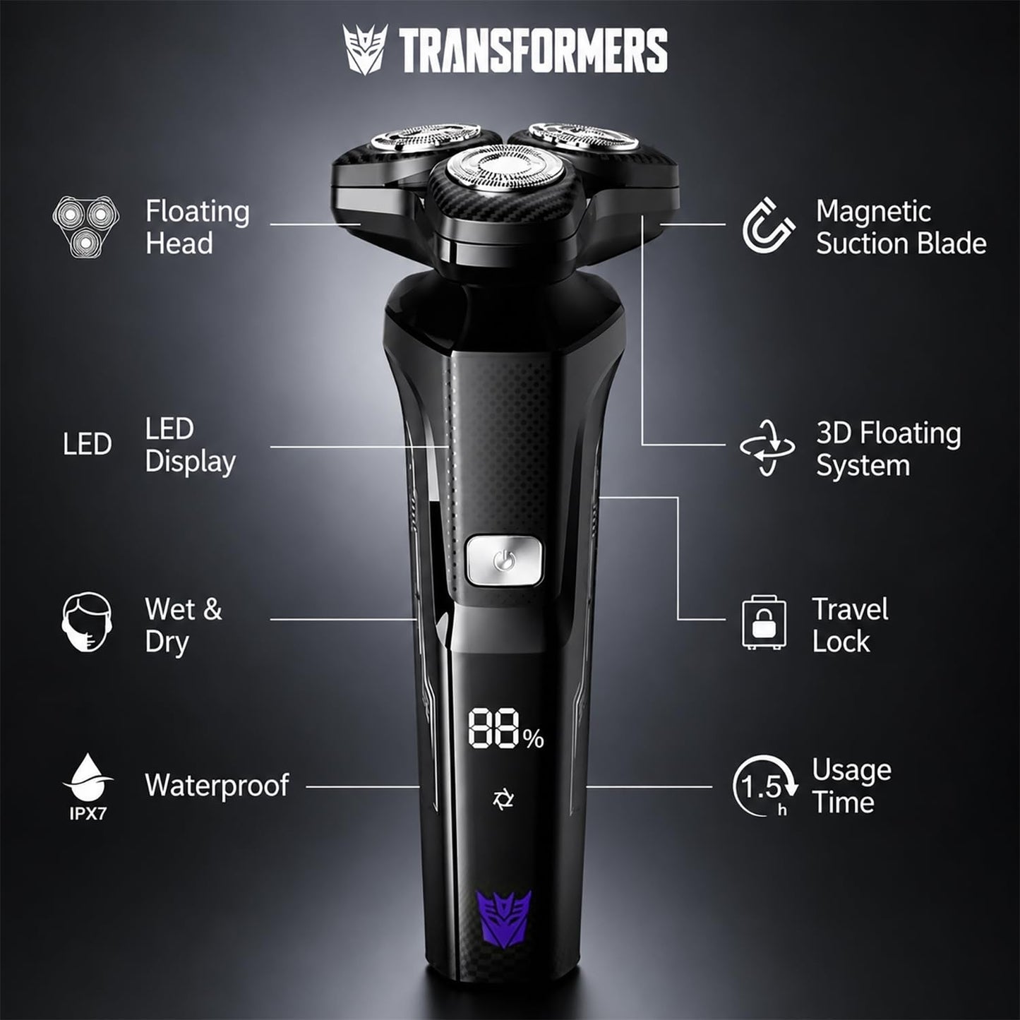 TRANSFORMERS Electric Razor for Men, 3D Rotary Shaver for Sensitive Skin with Pop-up Trimmer, IPX7 Waterproof, Wet & Dry USB-C Fast Charging Shaver with LED Display & Travel Lock – Gifts for Men