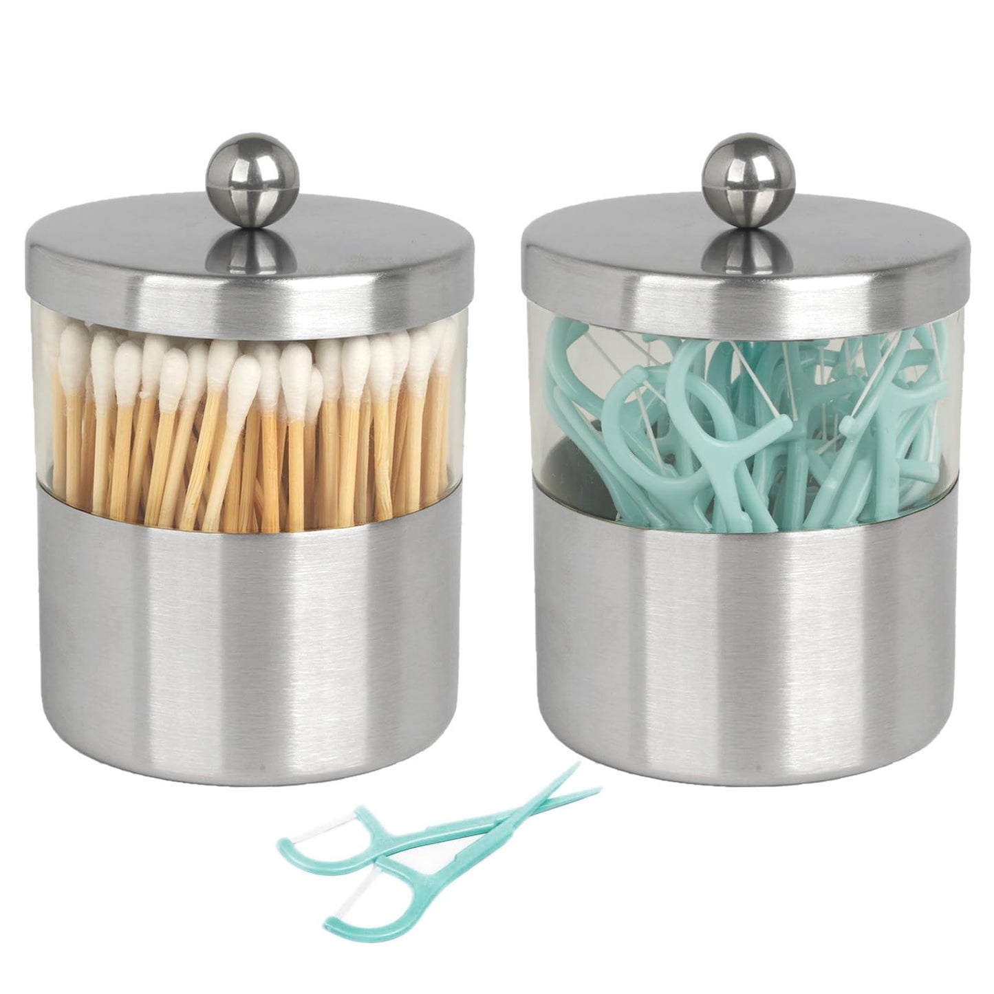 Gaussra Apothecary Jars, Qtip Holder - Brushed Stainless Steel Bathroom Jar with Stickers - Farmhouse Decor Qtip Dispenser for Qtips, Cotton Balls, Swabs, Makeup Sponges (2 Pack, Brushed Nickel)