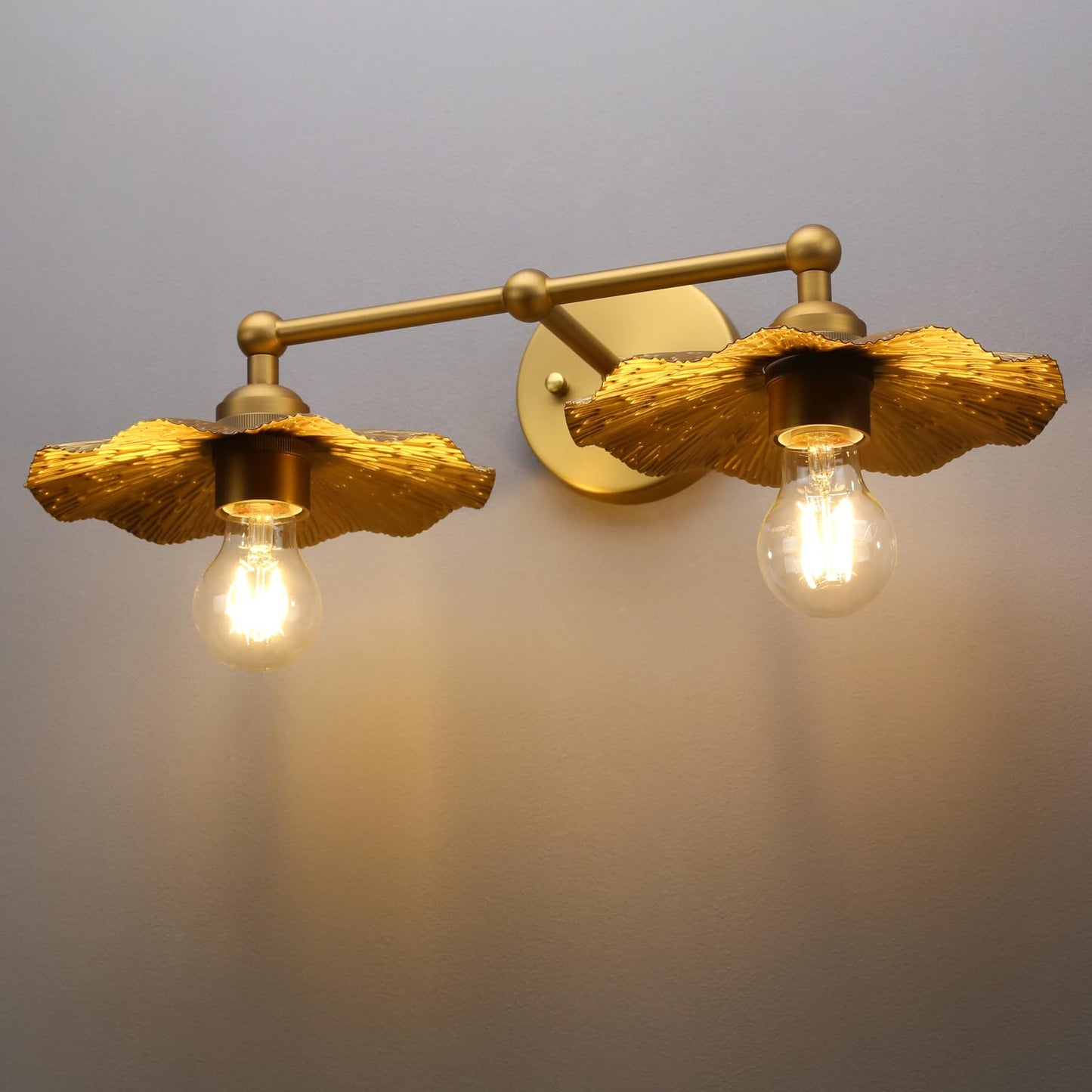 JIMUBEAM 2-Lights Industrial Metal Wall Sconces, Antique Brass Flower Rippled Shade Wall Light Fixture for Bathroom Vanity, Bedroom, Dining Room, Living Room, Farmhouse, Stairs, Hallway