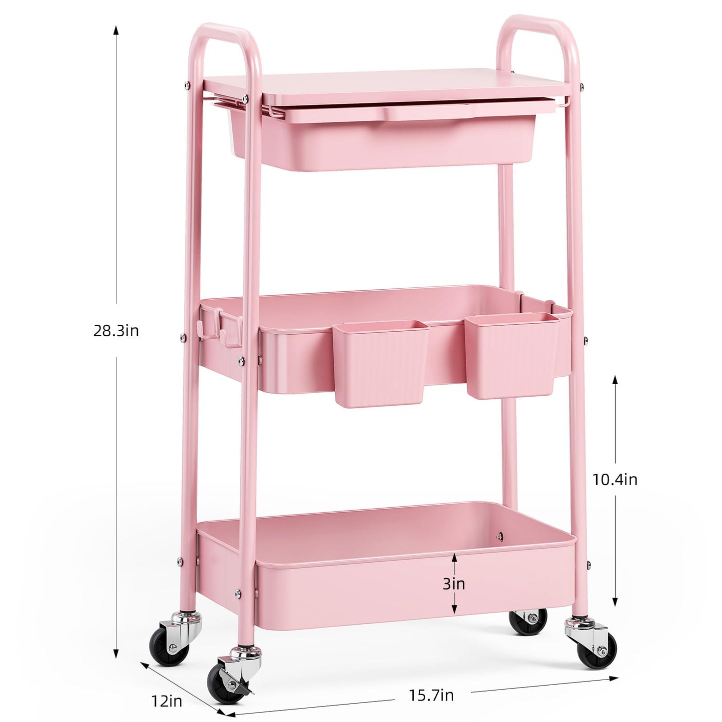 3 Tier Metal Rolling Utility Cart with Drawer & Lockable Wheels - Heavy Duty Multifunctional Storage Organizer with 2 Cups and 4 Hooks for Bathroom, Kitchen, Snack, Craft, Makeup, Baby Essentials