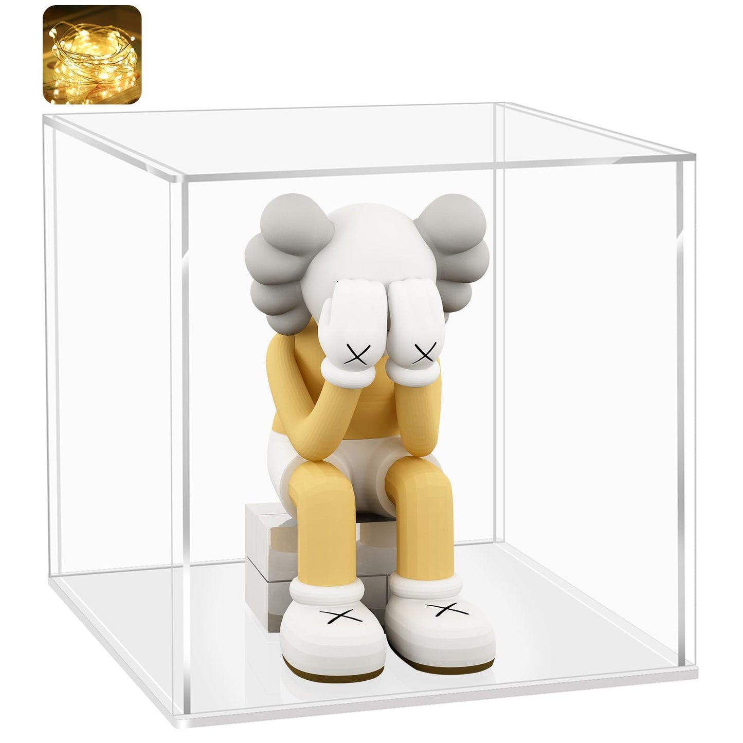 LANSCOERY Acrylic Display Case, 8x6x8 in Clear Display Box with 2mm Panels, White Base, LED String Light Accessory for Model Cars and Building Block Models