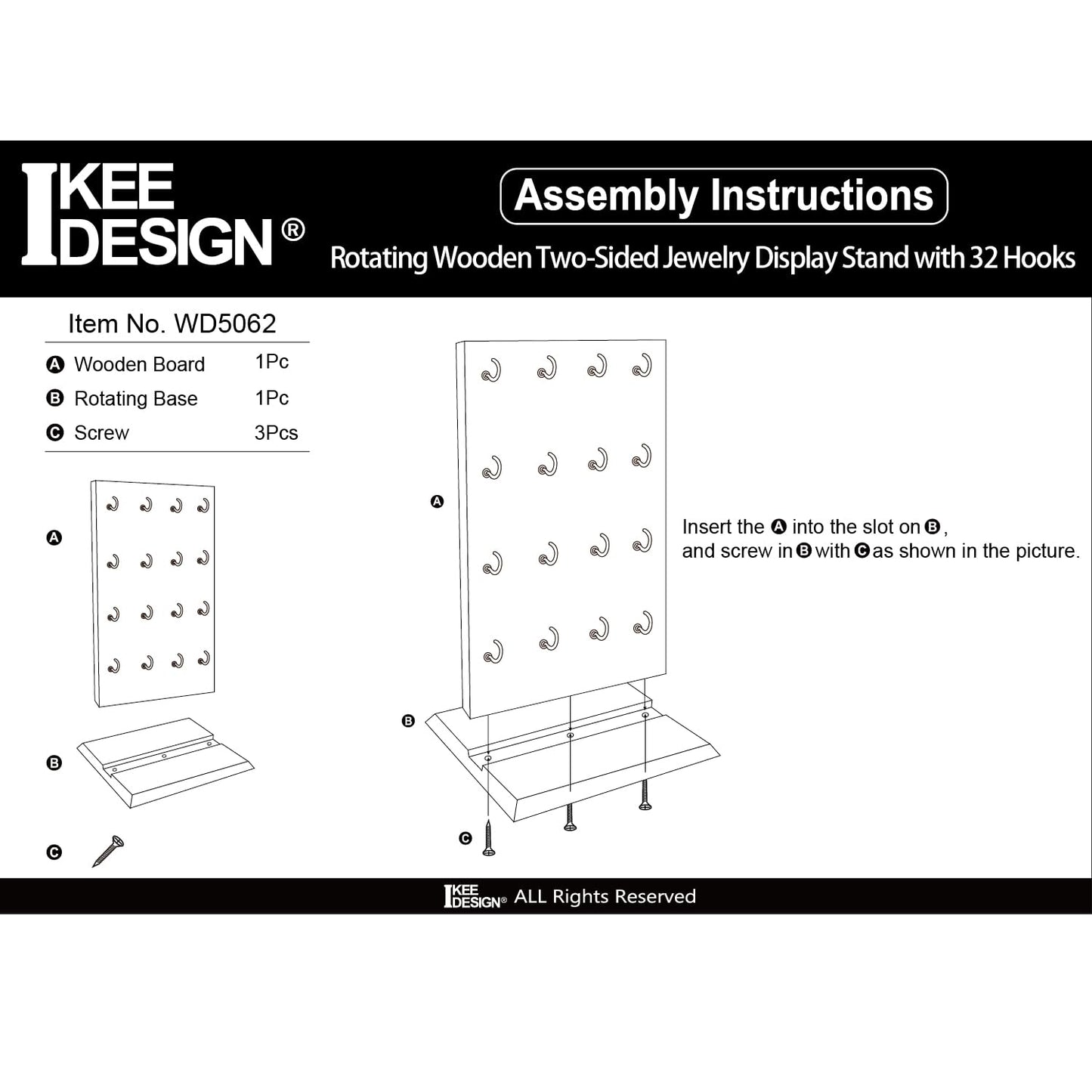 Ikee Design Wooden Rotating Two-Sided Jewelry Display Stand, Rotating Organizer with 32 Hooks for Store, Keychain Earring Display with Hooks, Coffee color, 9 W x 7.5 D x 16.5 H in