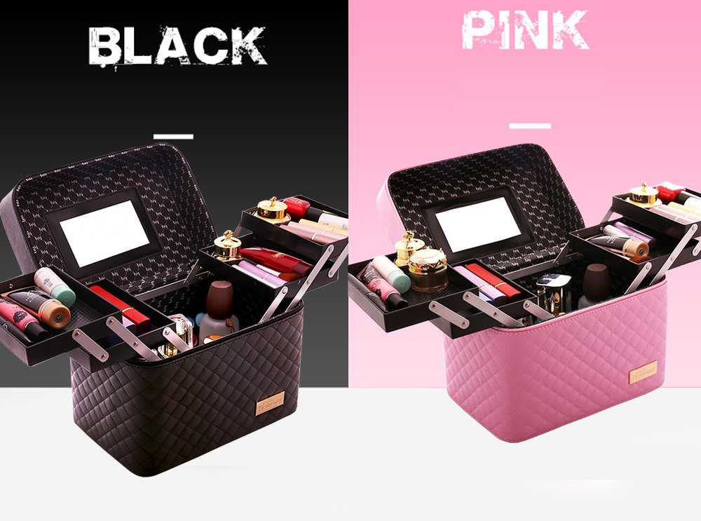 Sooyee Makeup Bag Cosmetic Bag with Mirror, 4 Layer Foldable Tray Makeup Organizer Open to the Sides, Makeup Travel Bag for Women, Train Case, Pink
