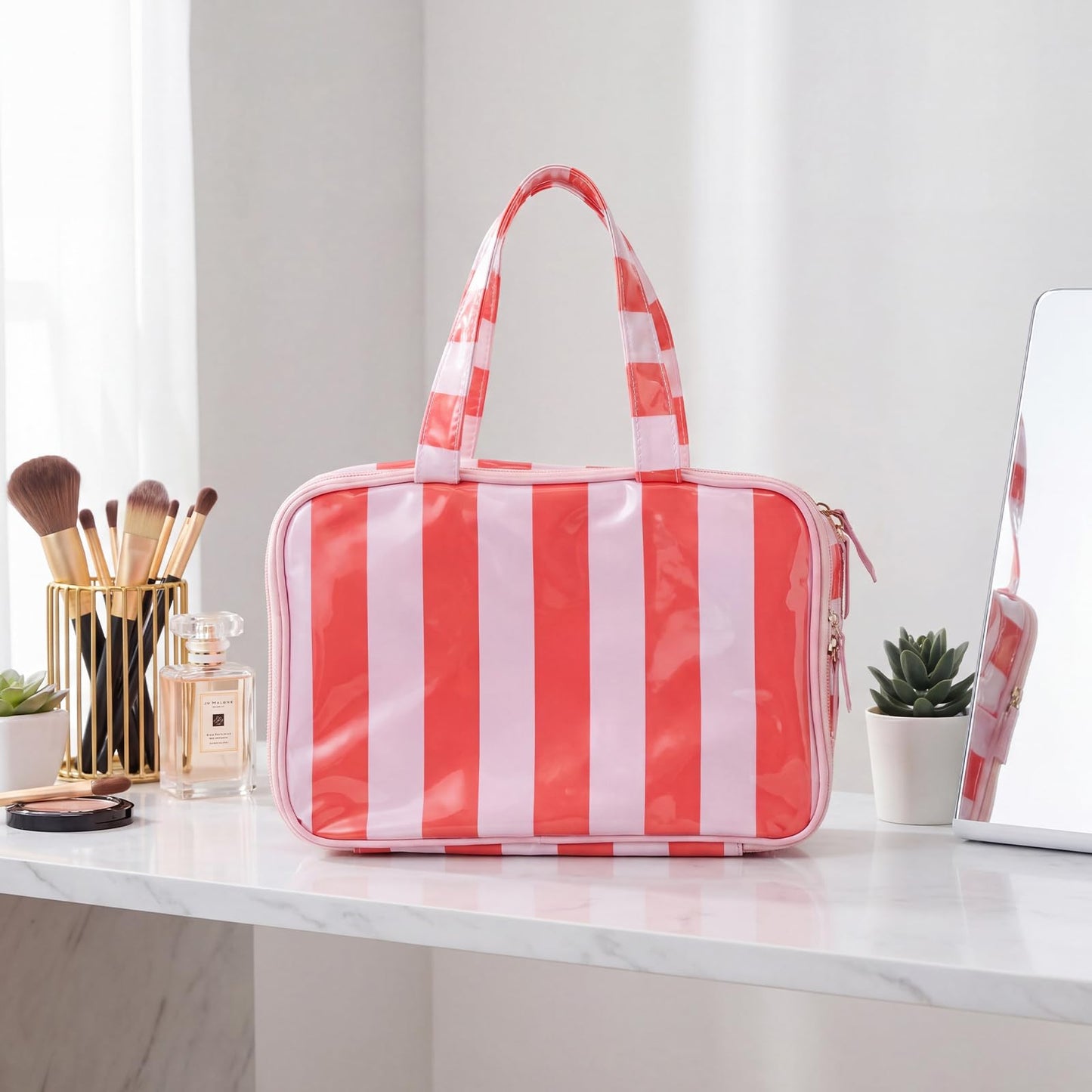SilTriangle Travel Toiletry Makeup Bag for Women, Striped Waterproof Polyester Cosmetic Bag with Handle, Portable Organizer Case with Fold-out Compartments for Skincare, Conditioner, Brushes(Orange)