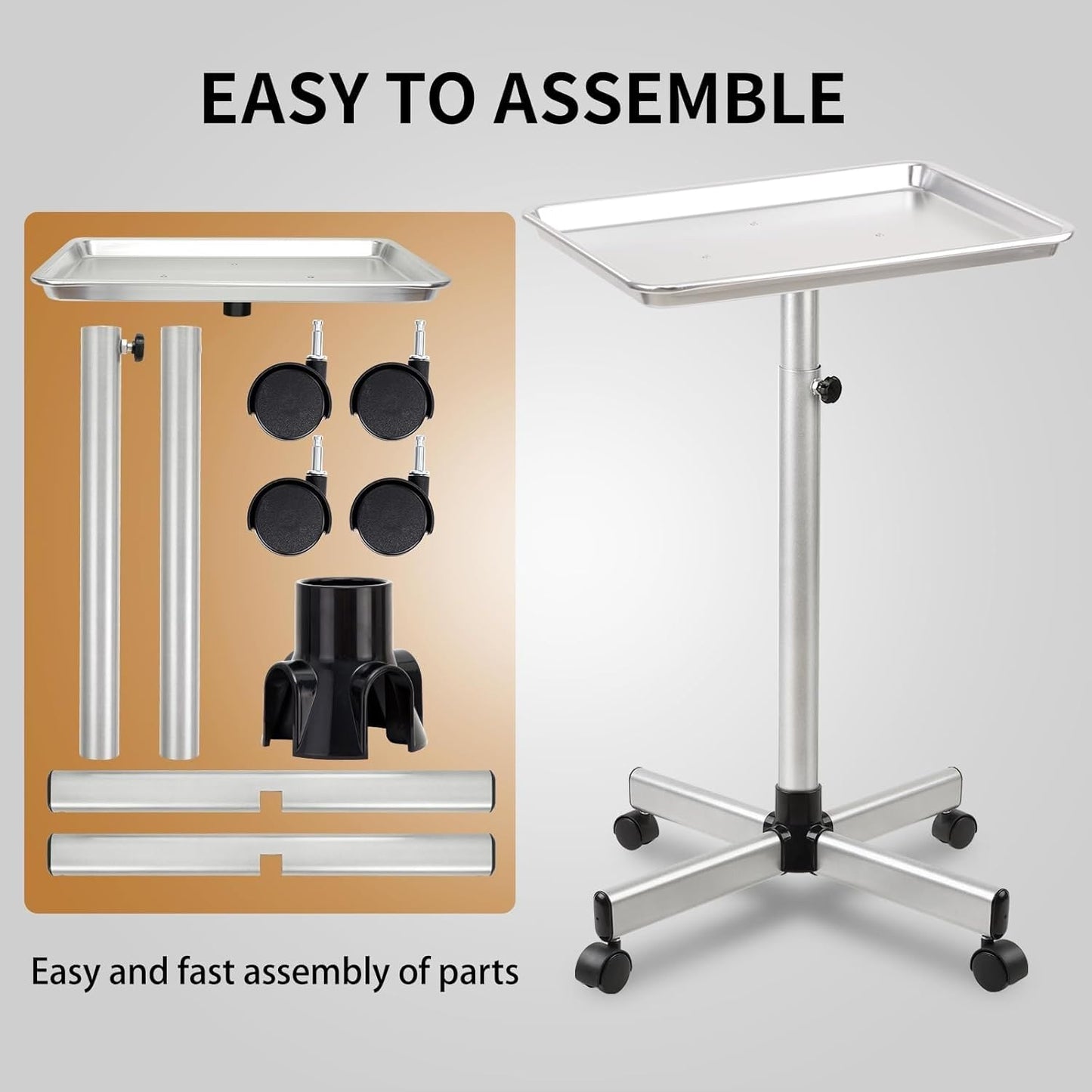 Salon Tray, Salon Color Tray with Adjustable Height, Metal Feet Tray on Wheels, Ideal Use As Tattoo Tray&Dental Tray