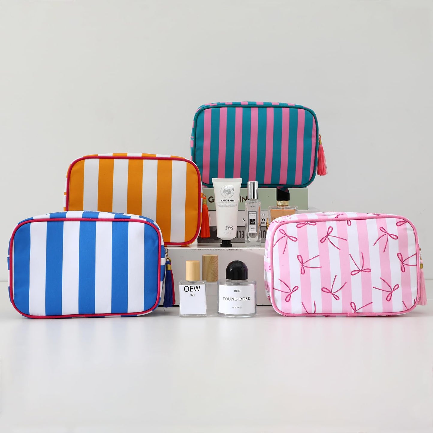 EMBRUNIOICE Stripe Makeup Bag Travel Cosmetic Bag Organizer Tassel Toiletry Bag Large Canvas Zipper Pouch and Accessories Storage Bag for Women (Pink with Green)