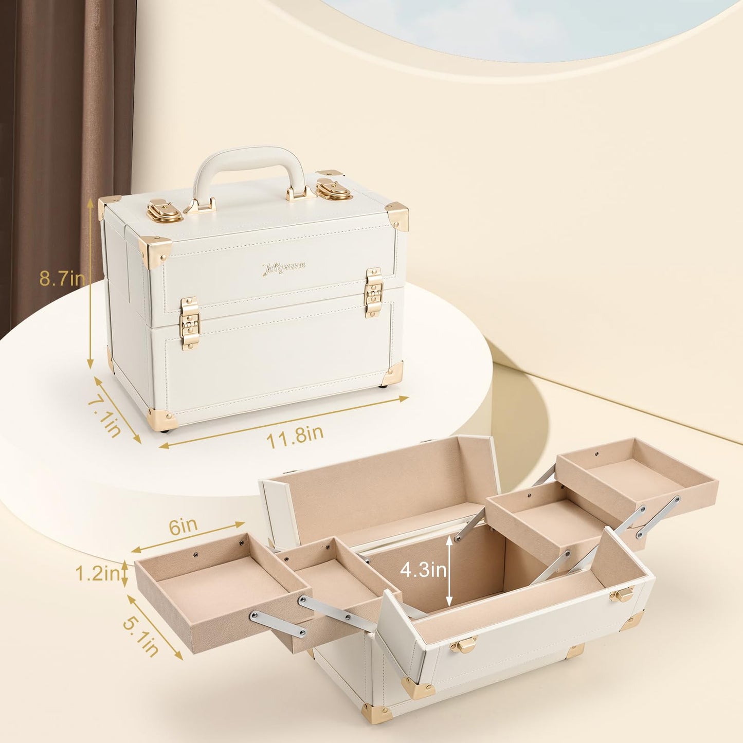 Joligrace Makeup Train Case Large Portable Cosmetic Makeup Storage Box Organizer Lockable with 4 Tray Compartments Retro Champagne Beige Vegan Leather