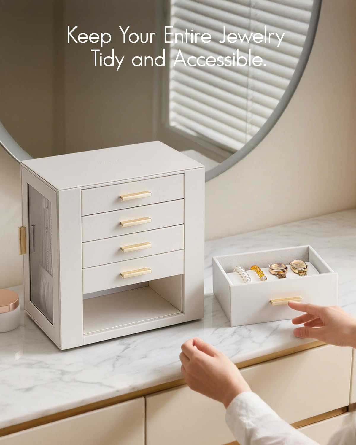 VLANDO 360ー Rotating Jewelry Box with 5 Drawers, Large Jewelry Storage with 2 Glass Window, PU Leather Jewelry Organizer for Bracelets, Necklaces, Earrings, Rings - Cloud White