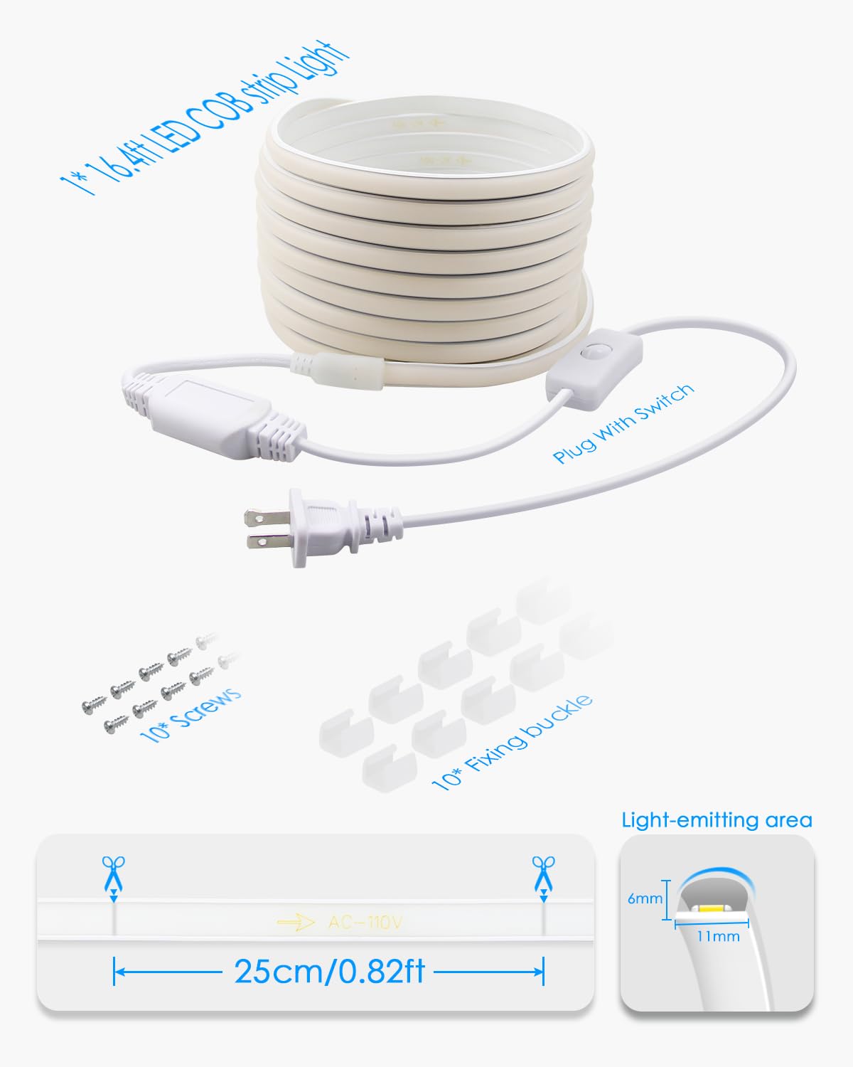 Samsion 120V COB LED Rope Lights 16.4FT Outdoor LED Strip Lights Waterproof Daylight White 6000K Super Bright Flexible LED Tape Lights with Switch Plug in 288Leds/M for Indoor Exquisite Wall Decor 5M
