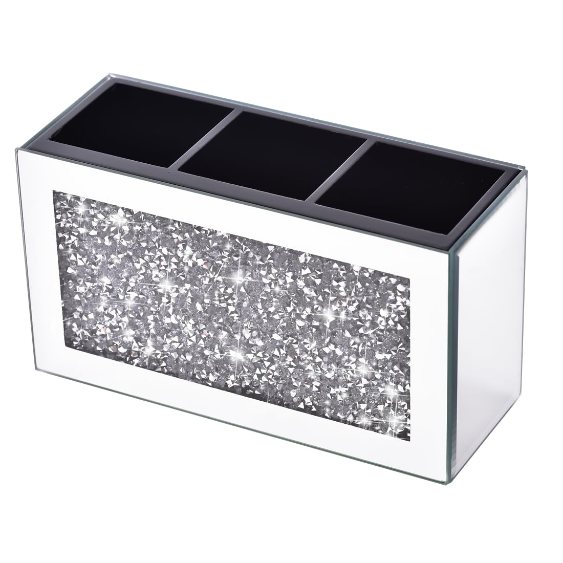 Amezey Crystal Crushed Diamond Silver Makeup Brush Holder Organizer, 3 Slot Mirrored Cosmetics Brushes Storage Case, Cute Pen and Pencil Glass Holder, Eyeliners Display Case