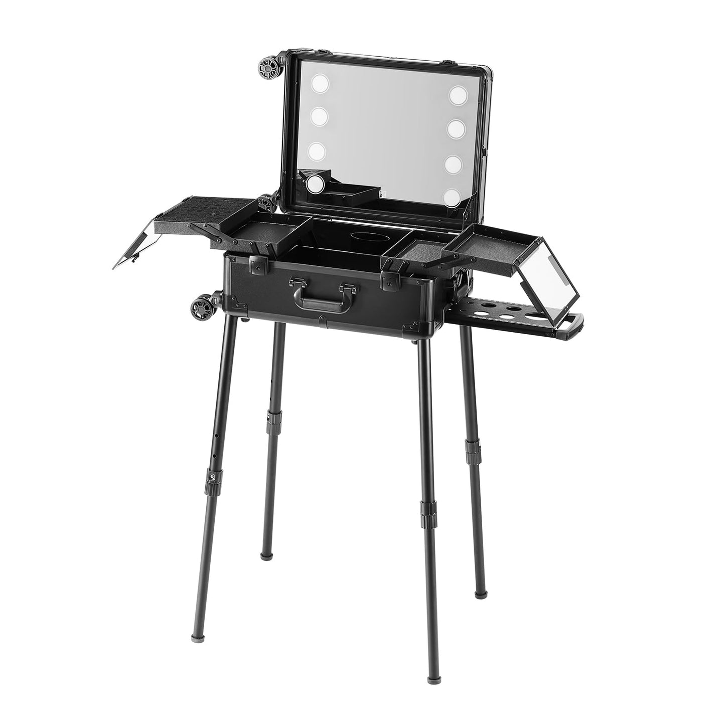 VEVOR Makeup Train Case with Lock, Lighted Mirror, 4 Storage Trays, Brush Holder, Travel Cosmetic Organizer Box w/Swivel Wheels, Professional Artist Trolley Studio Free Standing Case