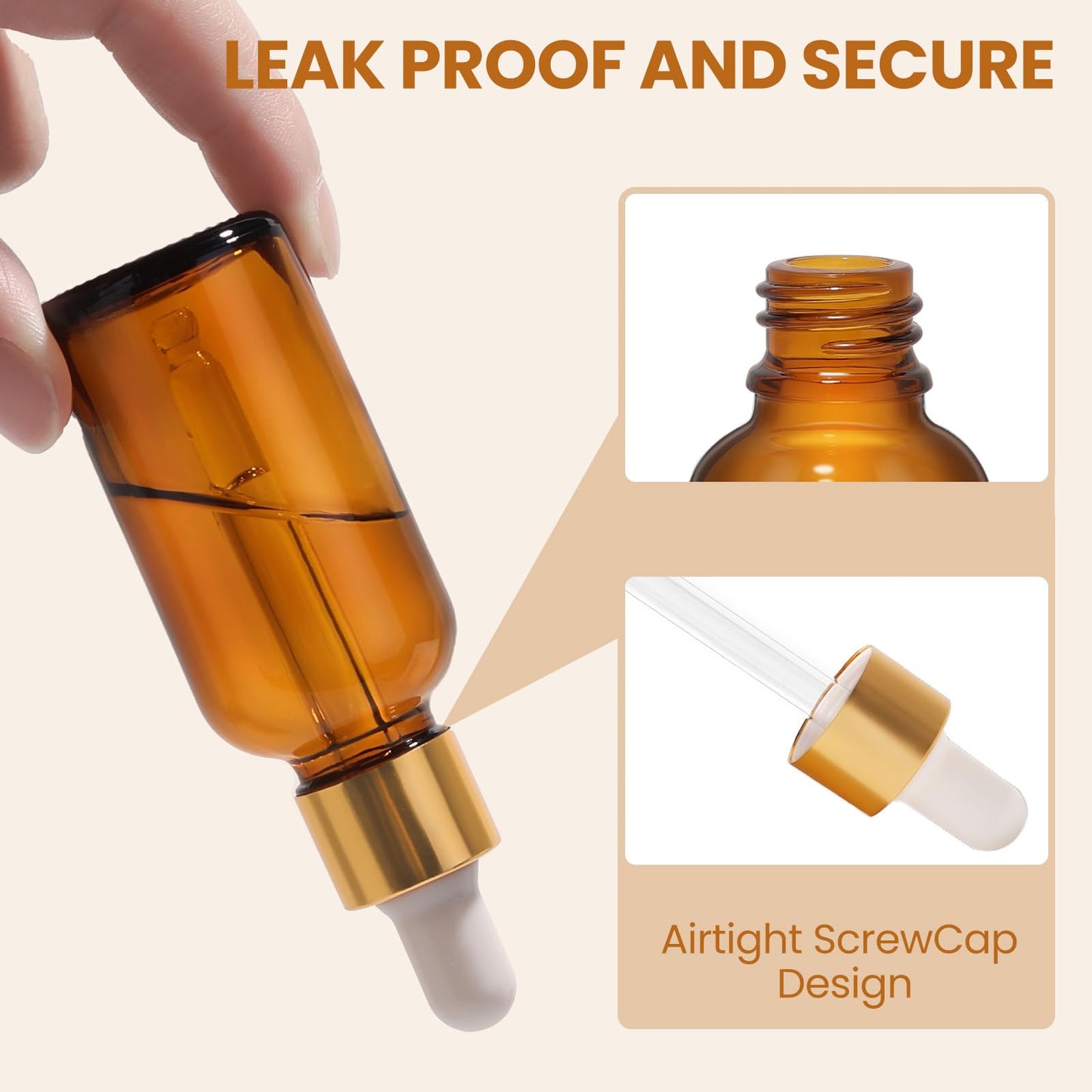UPBUD 50Pack 1oz Amber Glass Dropper Bottles with Gold Lids, Funnels, Droppers, Extra Caps & Labels – Leakproof, UV Resistant 30ml Empty Bottle for Tinctures, Essential Oils, Beard, Hair Oils