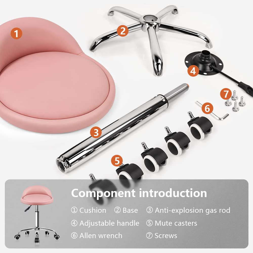 KKTONER PU Leather Round Rolling Stool with Back Rest Height Adjustable Swivel Drafting Work SPA Task Chair with Wheels Pink
