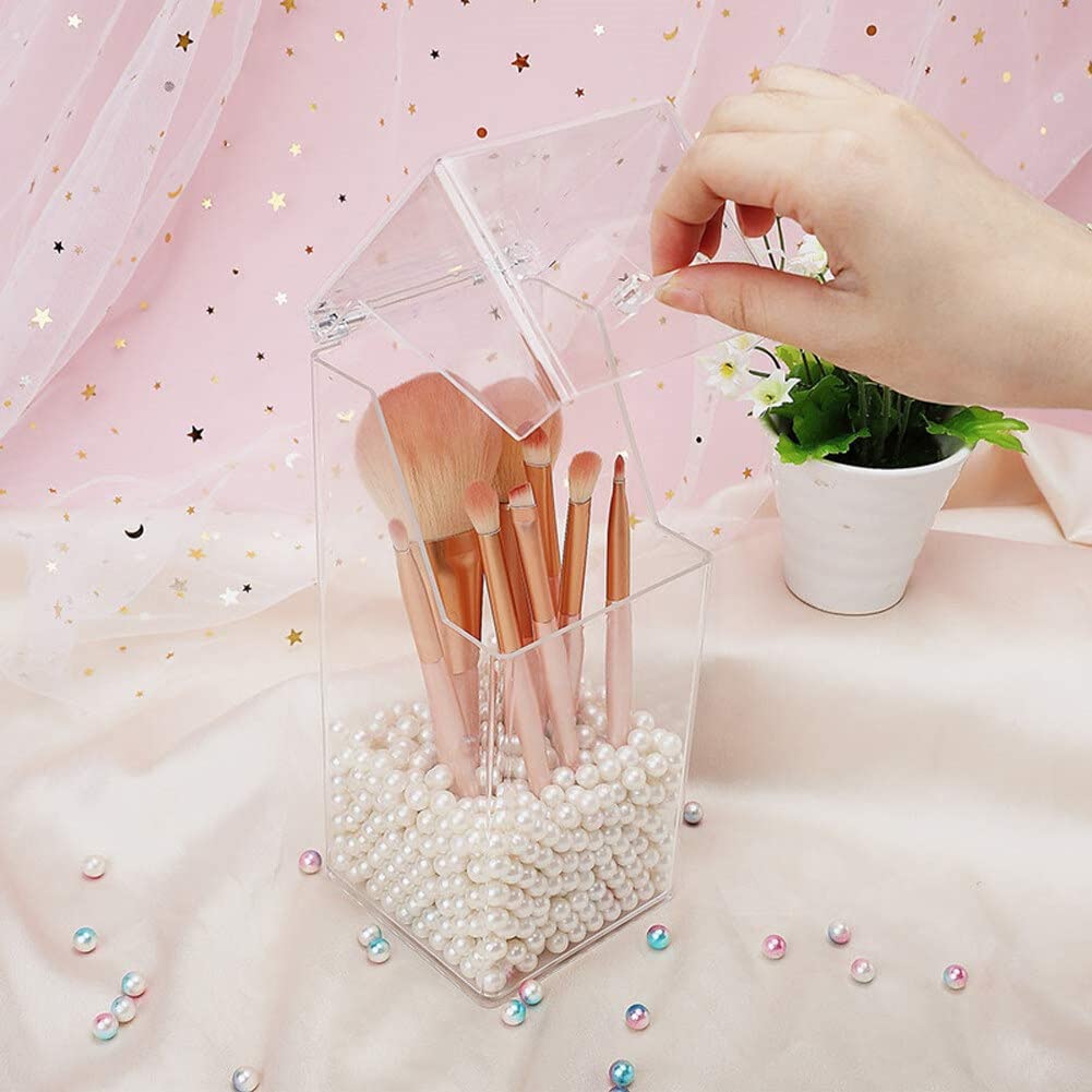 QUUPY Clear Makeup Brushes Holder with Lid Acrylic Makeup Brush Jewellery Organiser Storage Holder Jar for Dresser Bedroom Bathroom(Without pearls and brushes)