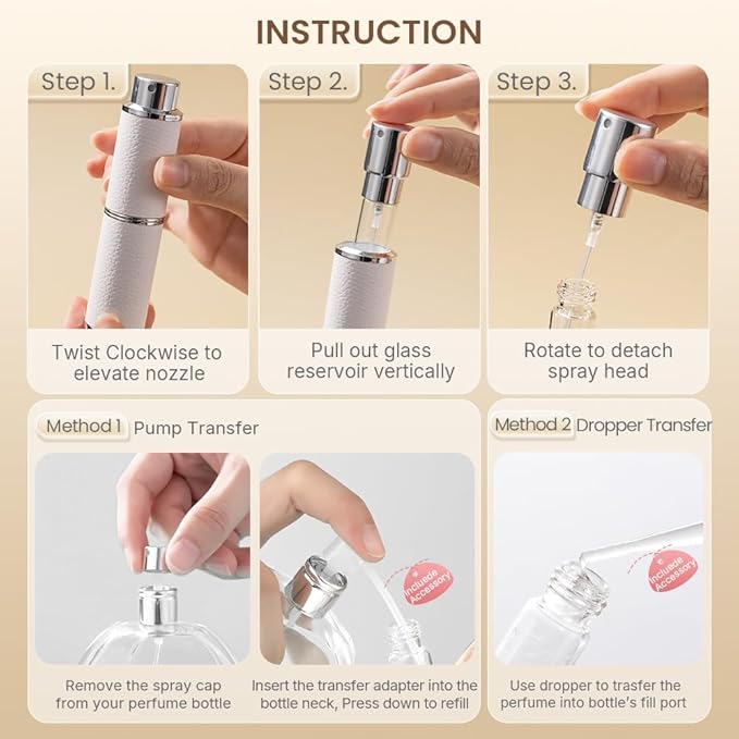 Perfume Atomizer, Rotary-Lift Nozzle, Cap-Free, Leather Refillable Spray Bottle, High-end Portable Dispenser, Travel Size TSA Approved 0.27oz/8 ml (White Black)