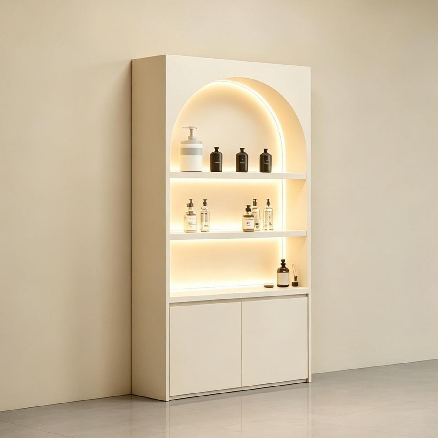 M2 Retail Display Cabinet with LED Lights and Lightbox Space, Modern Retail Display Shelf for Salon, Spa and Boutique, Product Showcase with Storage Cabinet (1, Beige, 1000*300*2000mm/39*12*79")