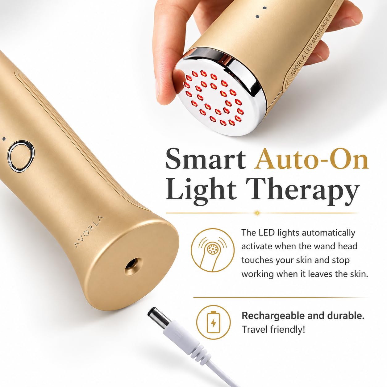 AVORLA® I Red Light Infrared Therapy Facial Wand I At-Home Skin Care Device, Anti Wrinkle Facial Massager (Gold)