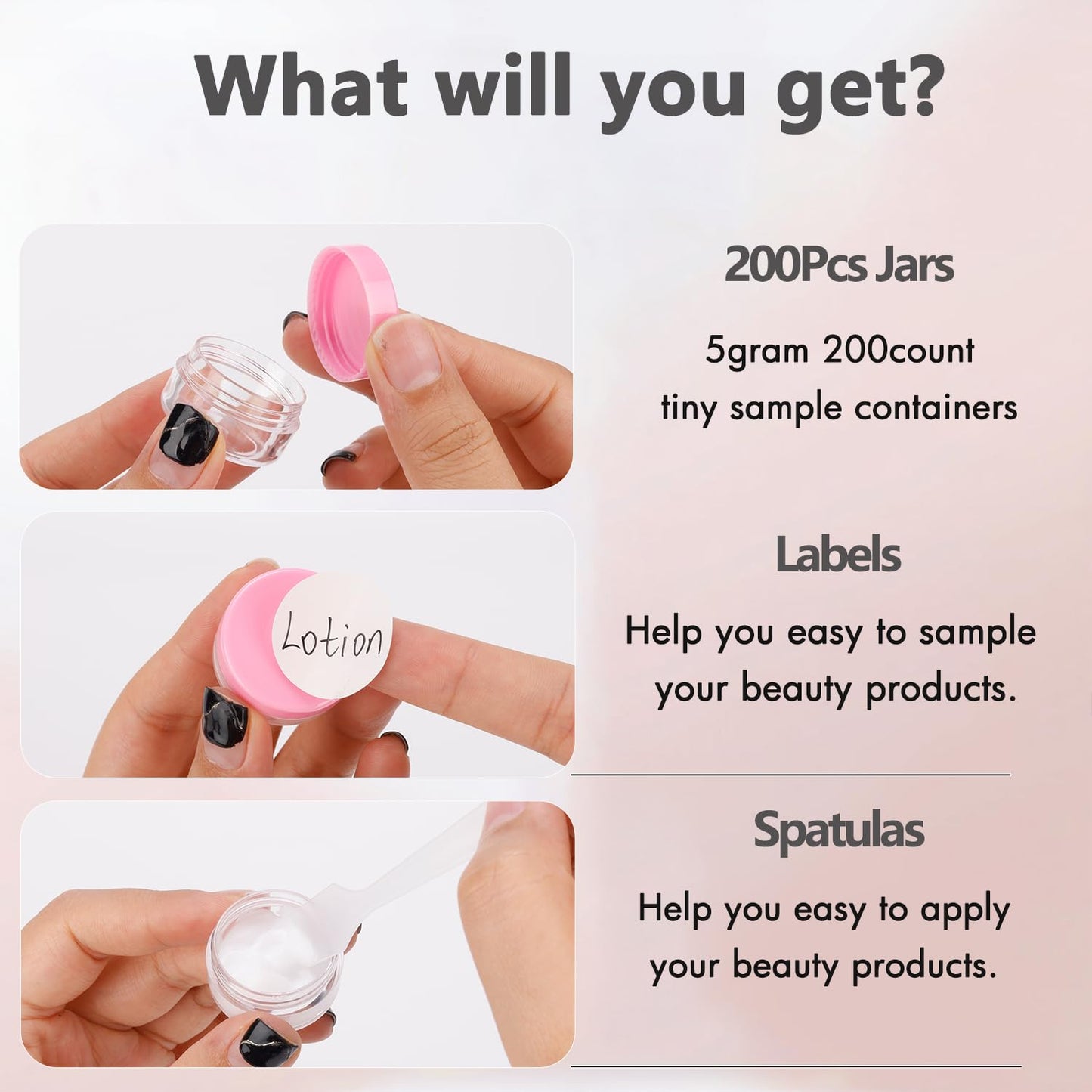 5 Gram Sample Containers with Lids, 200 Count 5ML Sample Jars, Empty Cosmetic Containers with Lids, Small Makeup Travel Containers for Glitter, Lotion, Cream, Beads, with Labels, Mini Spatulas