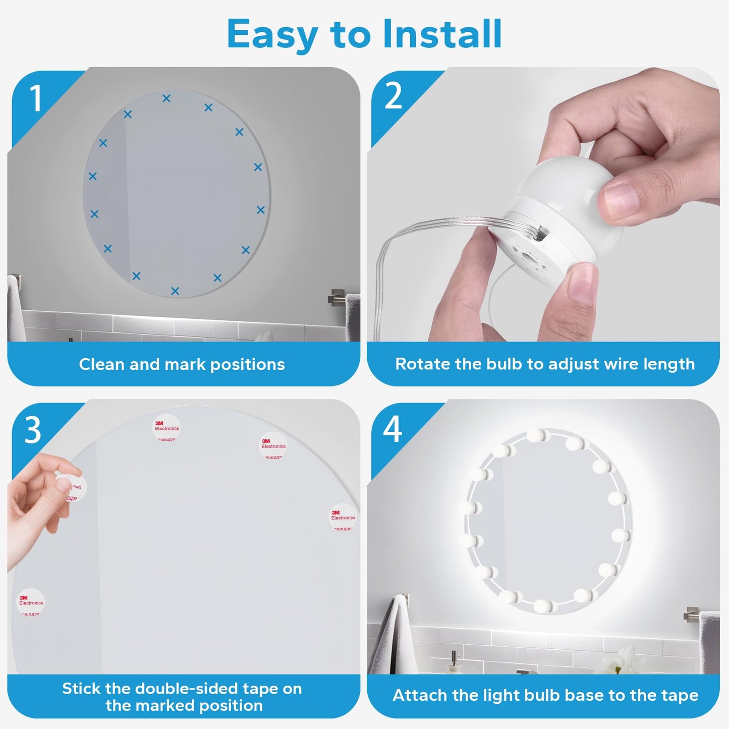 LED Vanity Lights For Mirror with 14 Dimmable Bulbs, Vanity Lights Stick on, 3000K 4000K 6500K & 10 Level Brightness Adjustable, USB Cable, Hollywood Mirror Lights for Makeup Dressing Room Bathroom