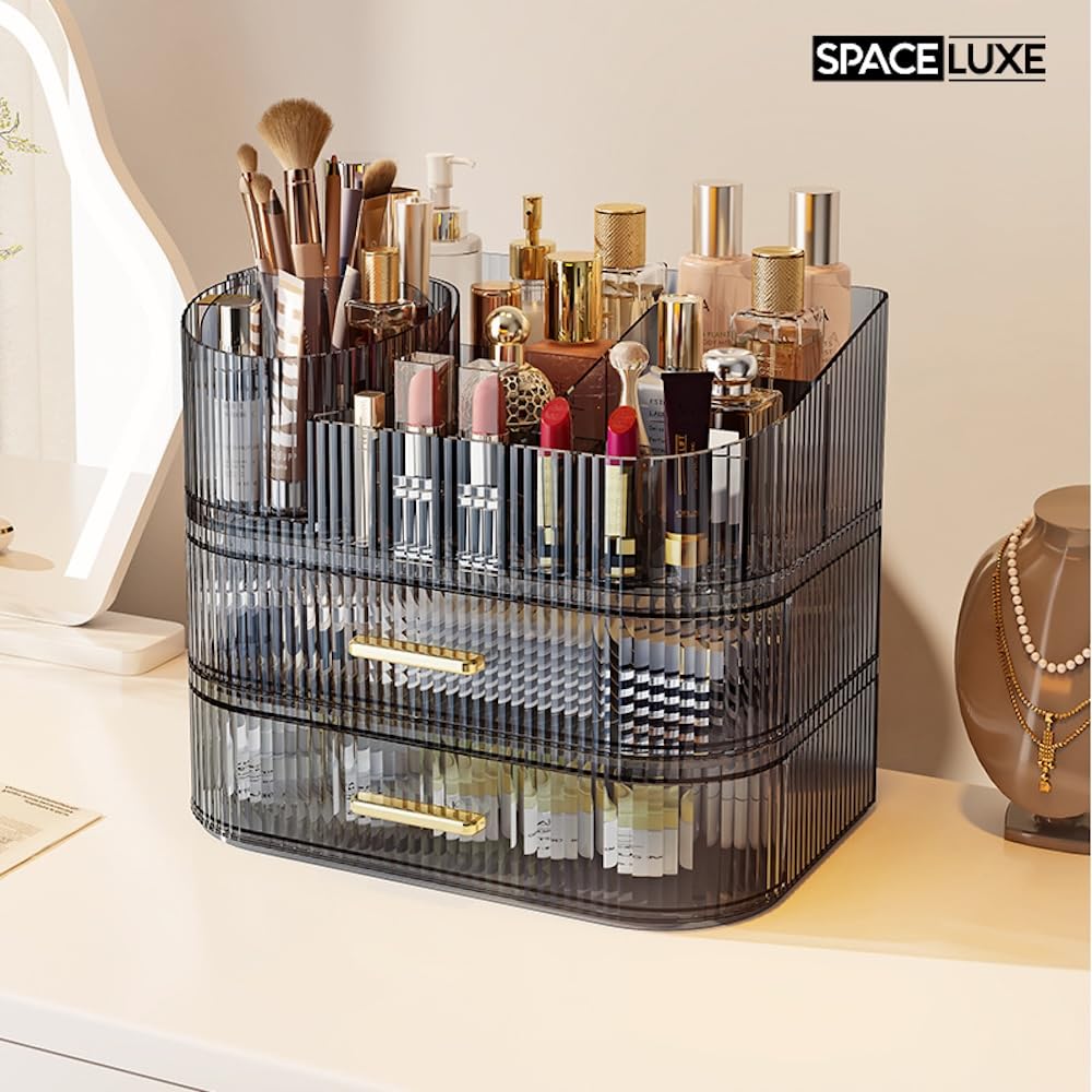 SpaceLuxe Makeup Organizer with Drawers and 360° Rotating Brush Holder, Large Capacity Cosmetic Storage for Vanity, Skincare, Perfume, Hair Accessories, Lipstick & Jewelry (Transparent Gray, 3-layer)