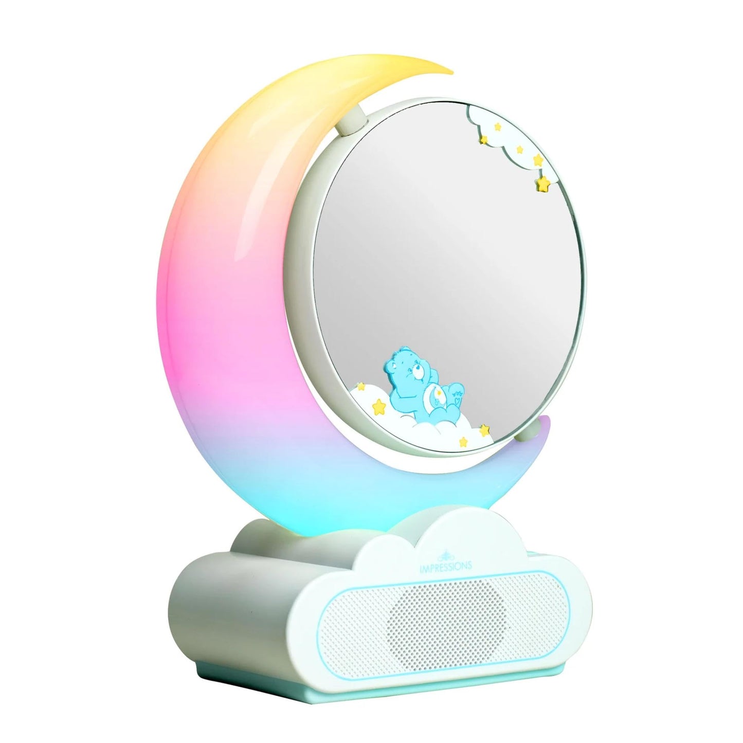 Impressions Vanity Care Bears Bedtime RGB Moon Lamp Makeup Mirror with Lights and 7X Magnification, App Controlled Vanity Desk Mirror with Crescent Moon RGB Rainbow LED Lamp Mirror for Bedroom