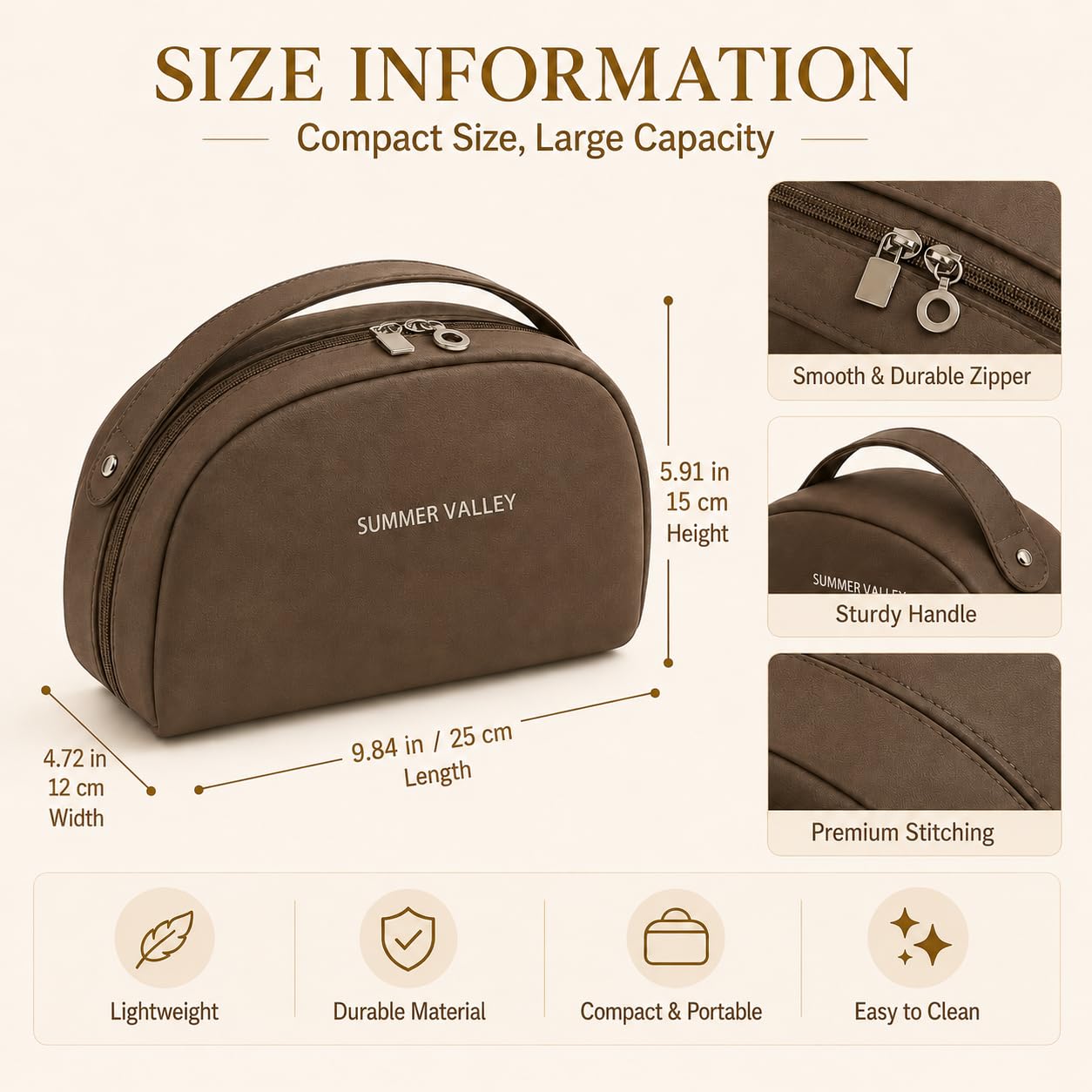 YDR Travel Makeup Bag for Women, Large Capacity PU Leather Cosmetic Bag, Semi-Circular Makeup Organizer Pouch, Water-Resistant Toiletry Bag with Zipper, Portable Cosmetic Case for Travel