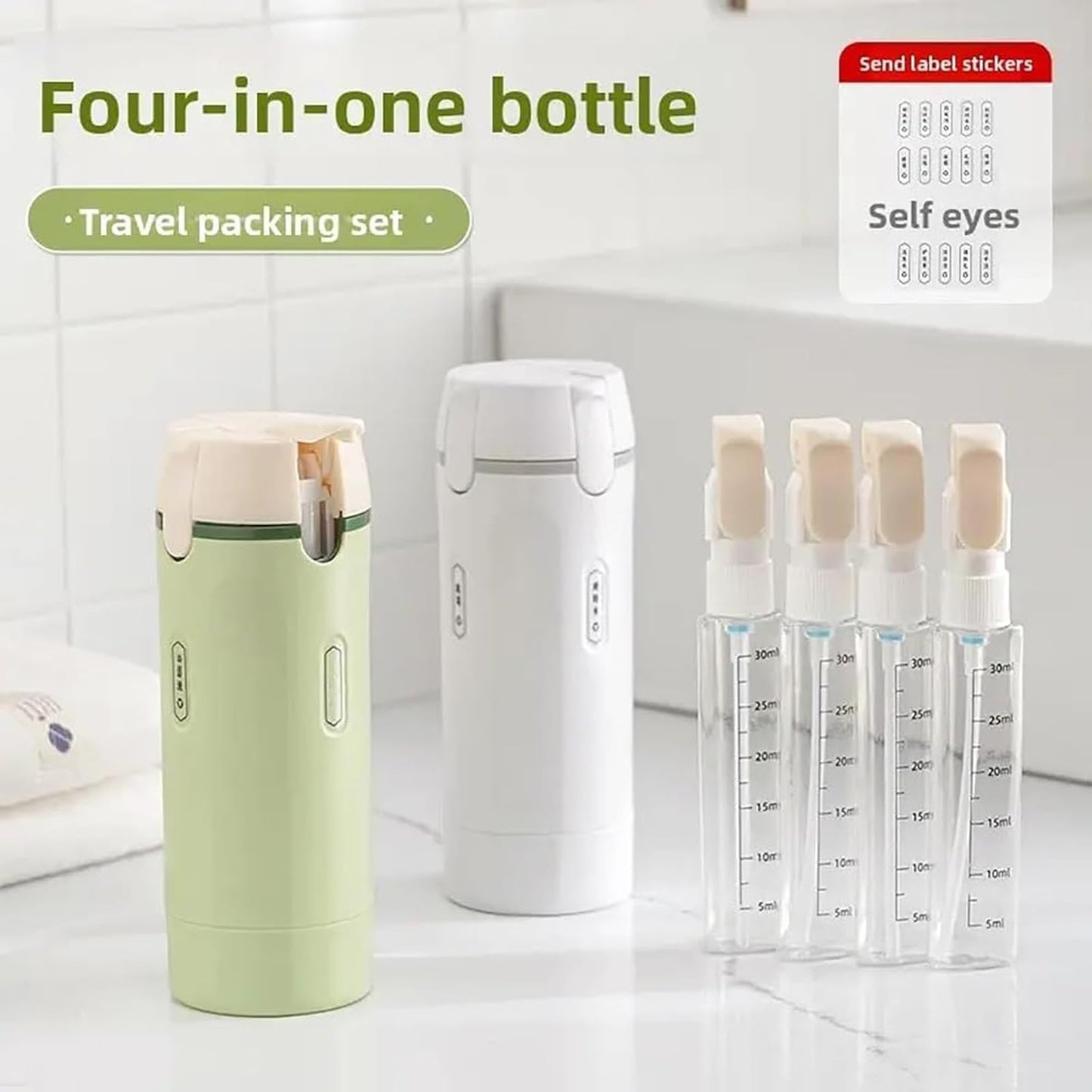 folalife 4 in 1 Travel Dispenser Set with 4 Pack 30ML Leak Proof Bottles for Toiletries, Portable Containers for Shampoo Lotion Conditioner Cream (Green)
