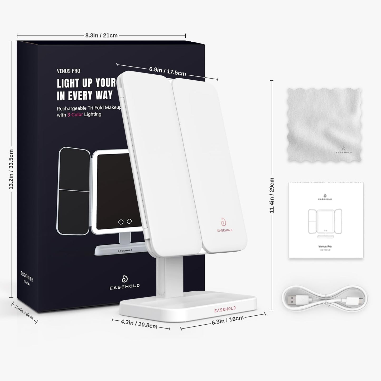 EASEHOLD Lighted Makeup Mirror, Rechargeable 2X 3X Magnifying Vanity Mirror