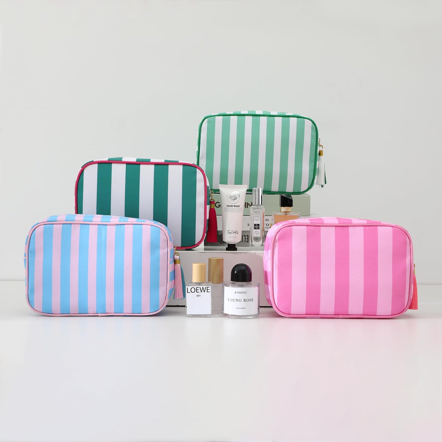 EMBRUNIOICE Stripe Makeup Bag Travel Cosmetic Bag Organizer Tassel Toiletry Bag Large Canvas Zipper Pouch and Mahjong Tile Bag (White with Green)
