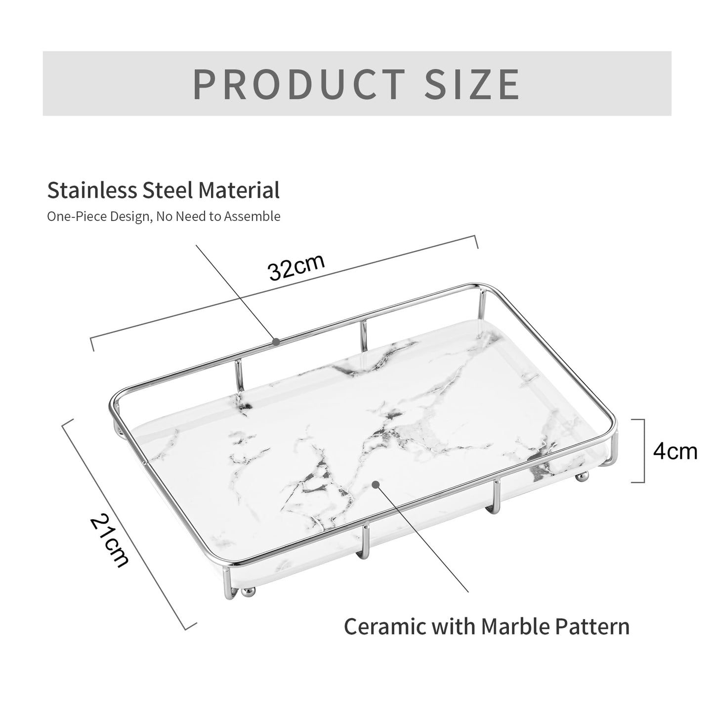 Dobbyby Vanity Tray Makeup Organizer Cosmetics Storage Bathroom Skincare Organizer Countertop Display Rack in Dresser Stainless Steel Shelf Marble Print Ceramic Trays