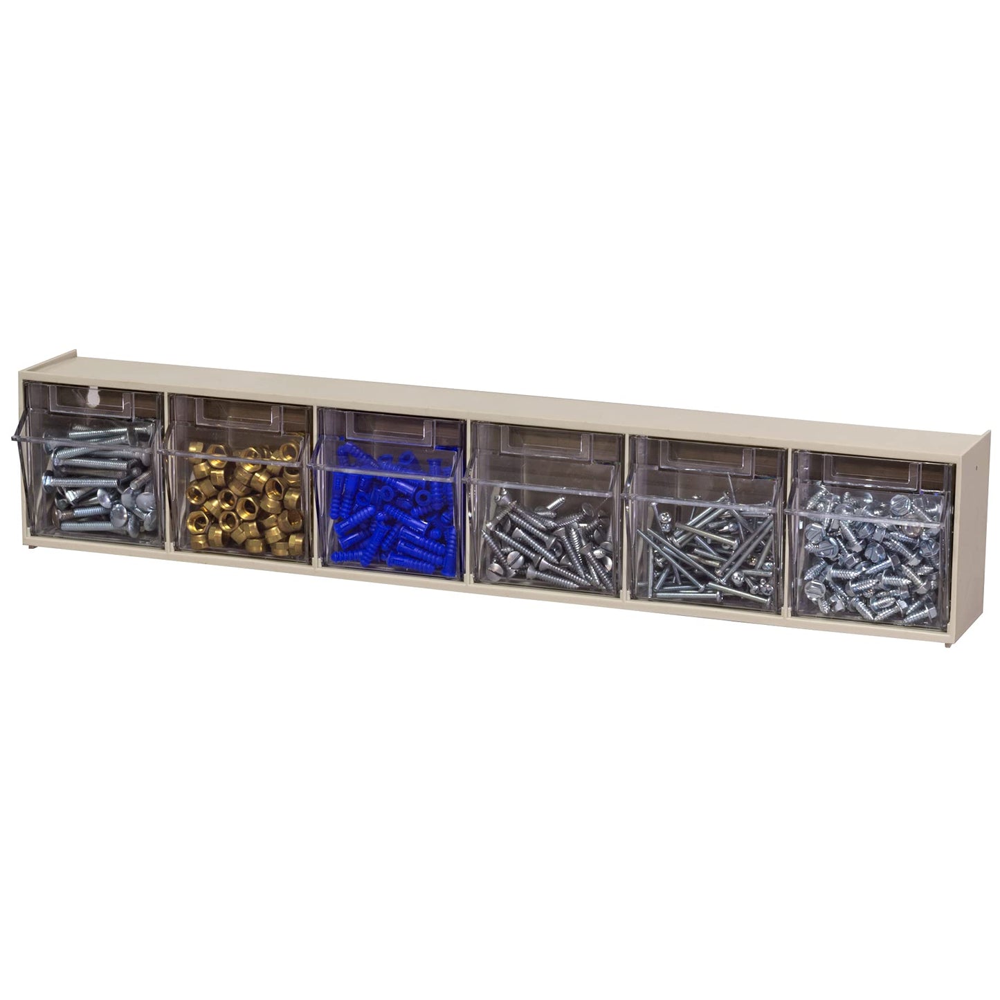 Akro-Mils TiltView Plastic Storage Cabinet with 6 Tilt Out Bins, Horizontal Organizer, Teacher Toolbox, and Office Supply Organizer, 23-5/8" W x 3-1/2" H x 3-3/4" D, Stone