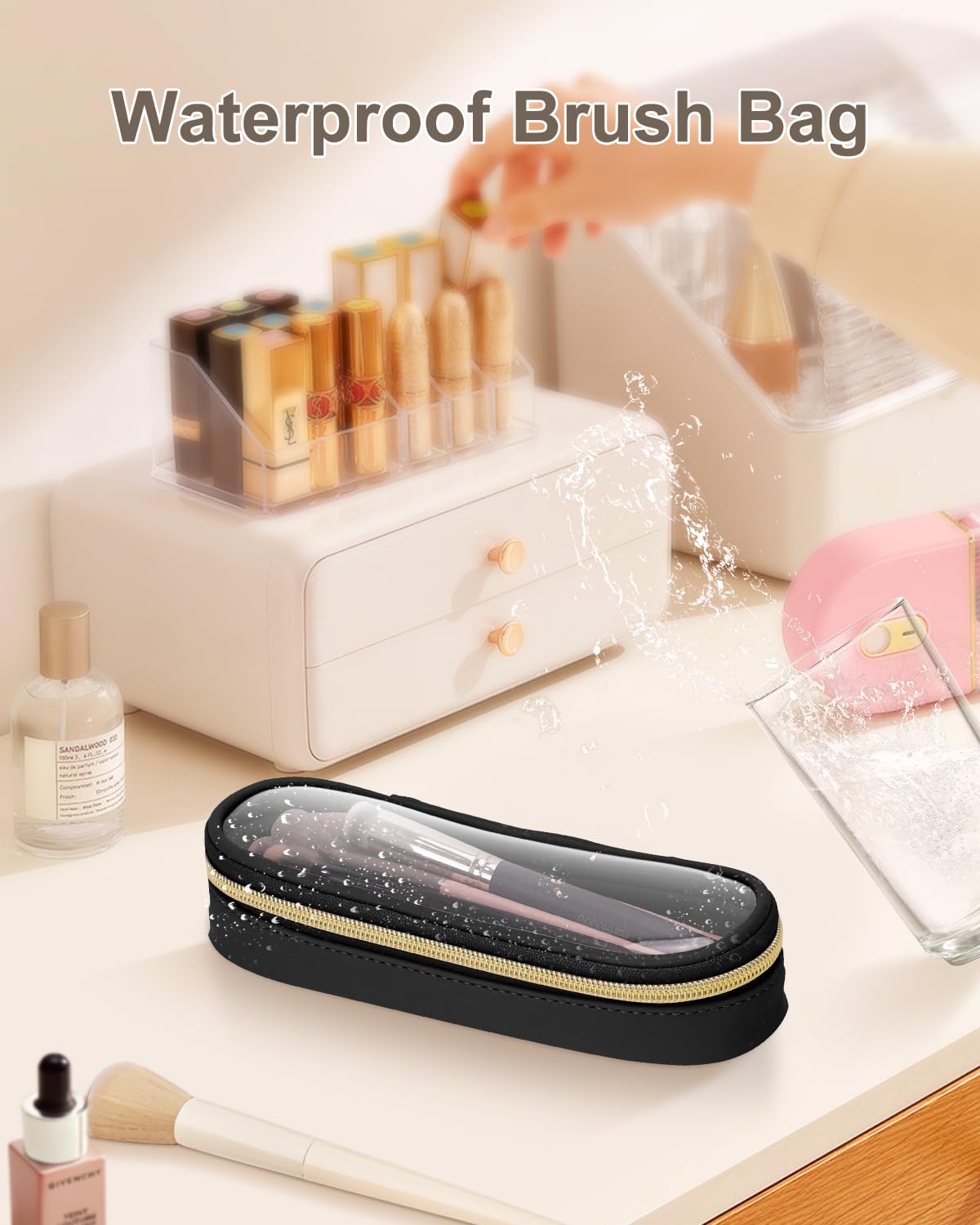 Soimeat Clear Travel Makeup Brush Holder, Leather Makeup Brush Toiletry Bag, Portable Cosmetic Brush Case, Transparent Waterproof Makeup Brush Storage Bag, Black, Large