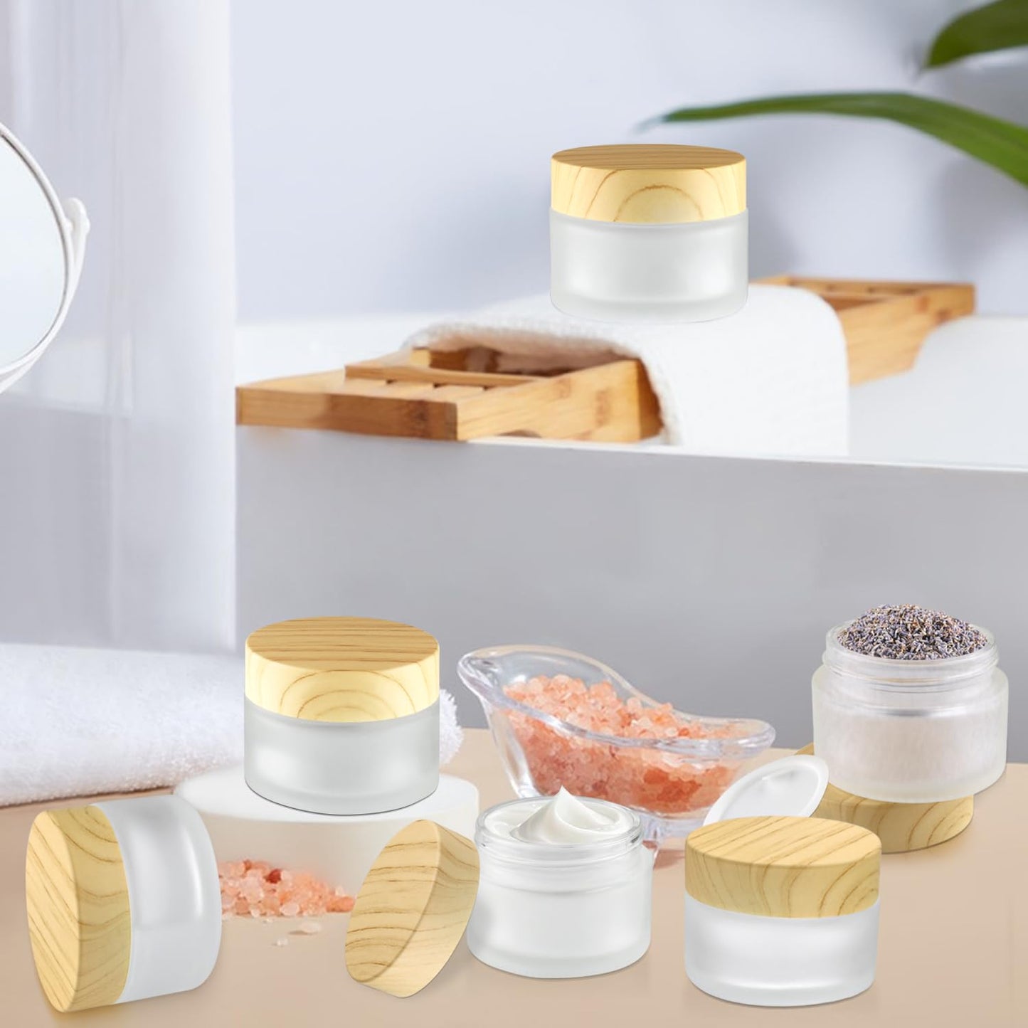 12 Pcs Frosted Glass Cream Jars Refillable Cosmetic Containers Sample Jar with Plastic Wood Grain Lids for Lotion Cream Eyeshadow - 30g/1oz