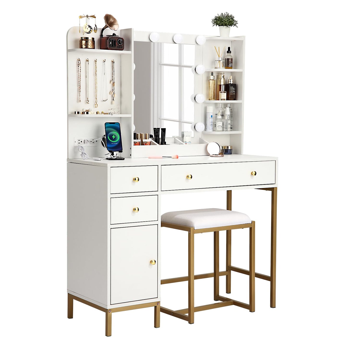 MilleLoom Vanity Desk with Stool and Charging Station, White Vanity Set with Mirror & Lights, 3 Lighting Colors, Large Makeup Table for Bedroom Dressing Room