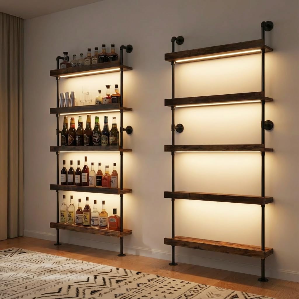 Woskar 5-Tier Wall Mounted Wine Rack with LED, Industrial Pipe Bar Shelf for Wine Bottle Storage, Industrial Pipe Shelves Shelf Shelving for Home Bar Dining Room Kitchen (24INCH-LED)