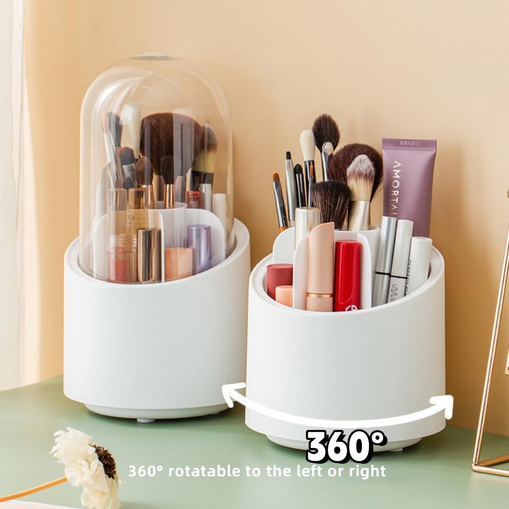Fantasee 360° Rotating Makeup Brush Organizer, 7-Compartment Storage with Transparent Dustproof Cover, Cosmetic Tools Storage Holder for Bathroom Vanity Countertop (Neutral Beige, Cylindrical)
