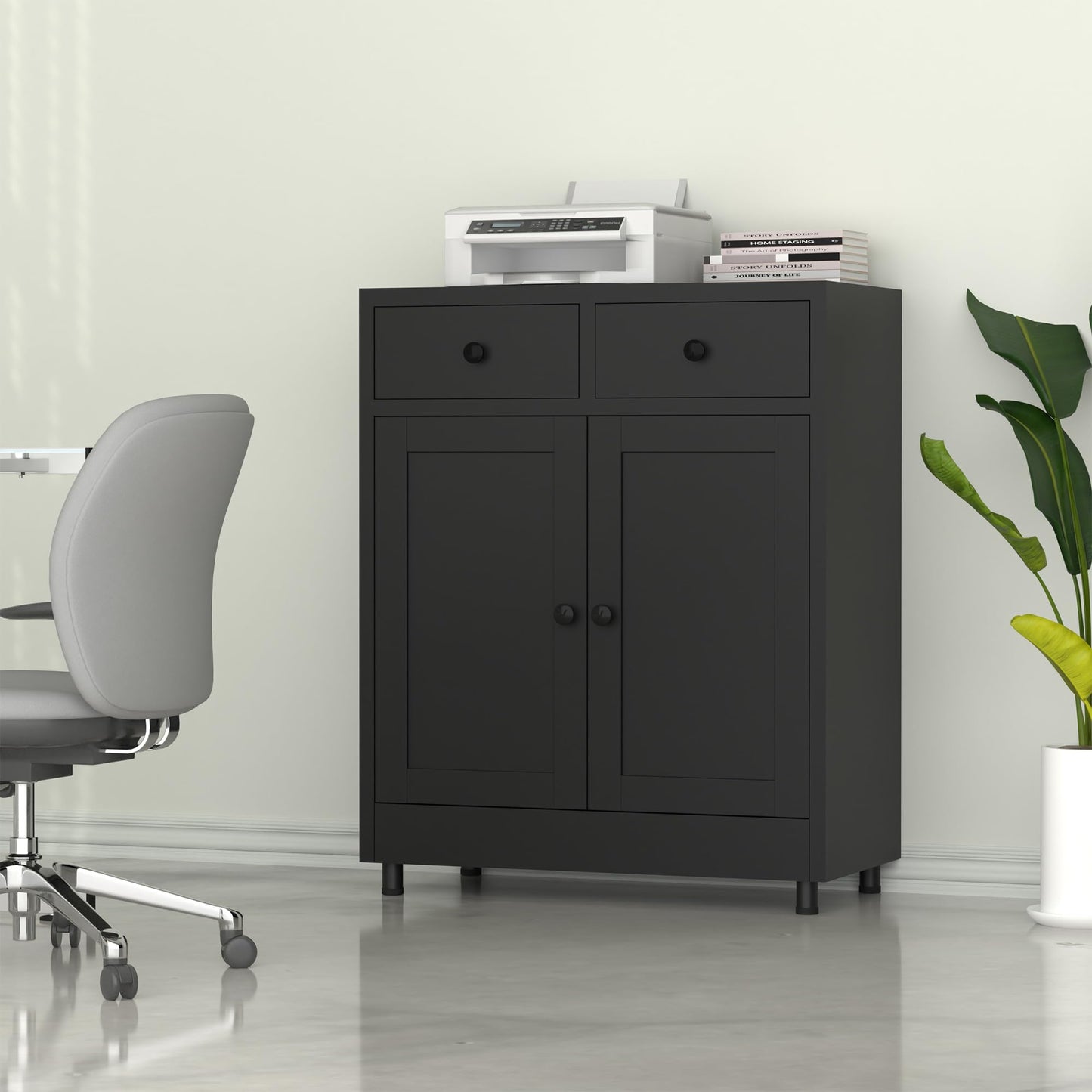 JINKUR Metal Storage Cabinet with 2 Drawers and Adjustable Shelf, Sideboard Buffet Cabinet for Home, Office, Hallway, Entryway, Living Room, Kitchen Pantry and Dining Room (Black)