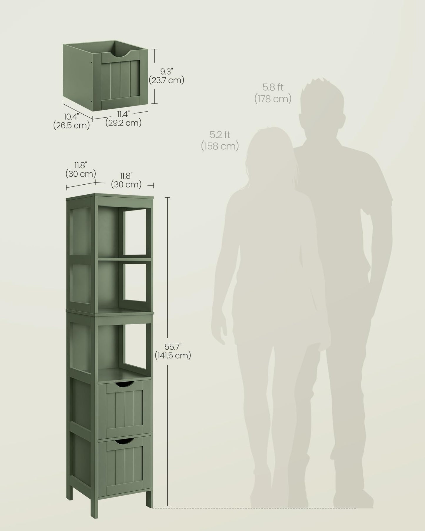 VASAGLE Storage Cabinet, Storage Organizer Rack Stand for Bathroom, Living Room, Multifunctional Corner Unit, 2 Drawers, 55.7 Inches in Height, Forest Green UBBC066C01