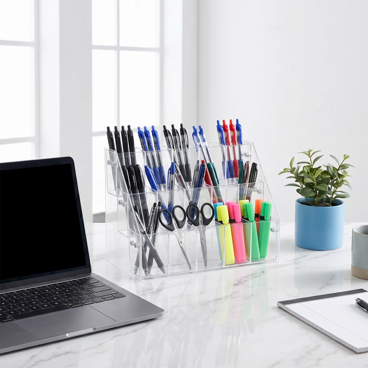 STOBAZA Pen Holder Display Stand 3-Tier Acrylic Marker Organizer with 15 Slots Clear Pencil and Art Supply Storage for Office Desk and School 10.43 X 7.28 X 5.51 Inches