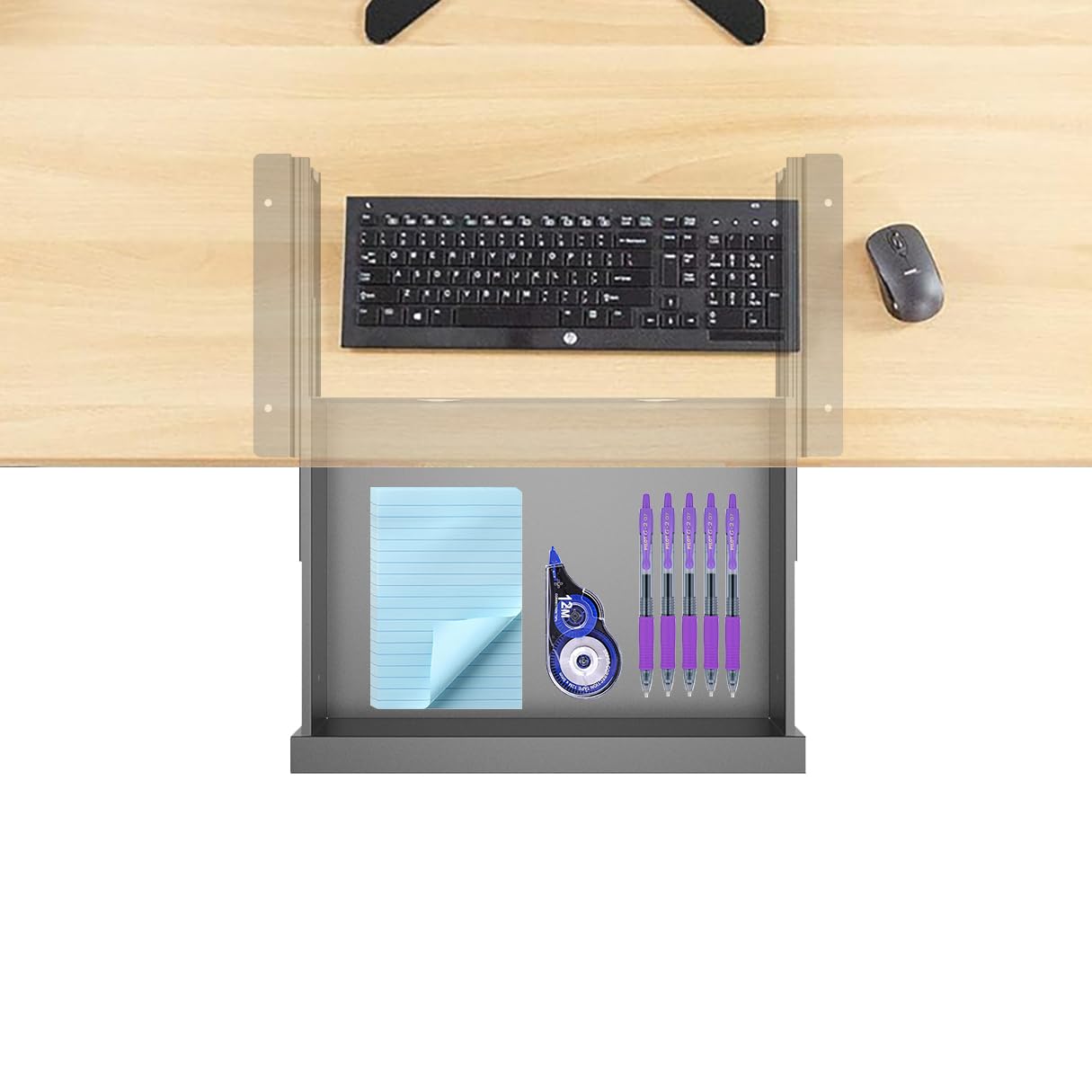 Mofangtech Dual Tier Under Desk Mounted Sliding Pull-out Drawer, 2 Layers W 15.3" x D 9.8" x H 5.1" Storage Organizer for Sit Stand Workstation, Metal, Black (2TierMedium)