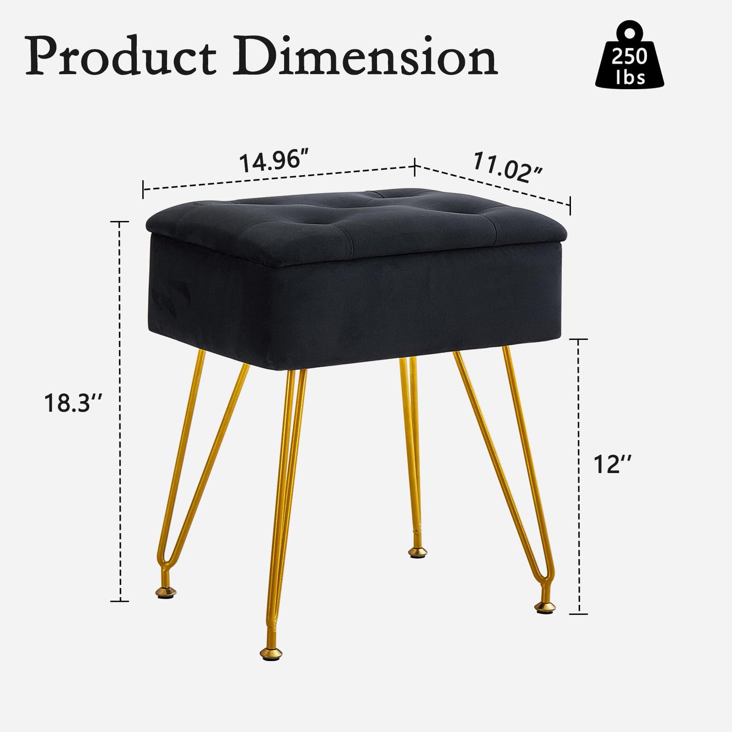 ALeesing Vanity Stool with Storage, Velvet Makeup Stool with Flip Top, Square Ottoman Chair with Metal Legs & Adjustable Feet for Bedroom Living Room, Black